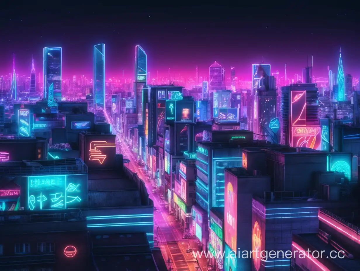 View of the night city in neon lights