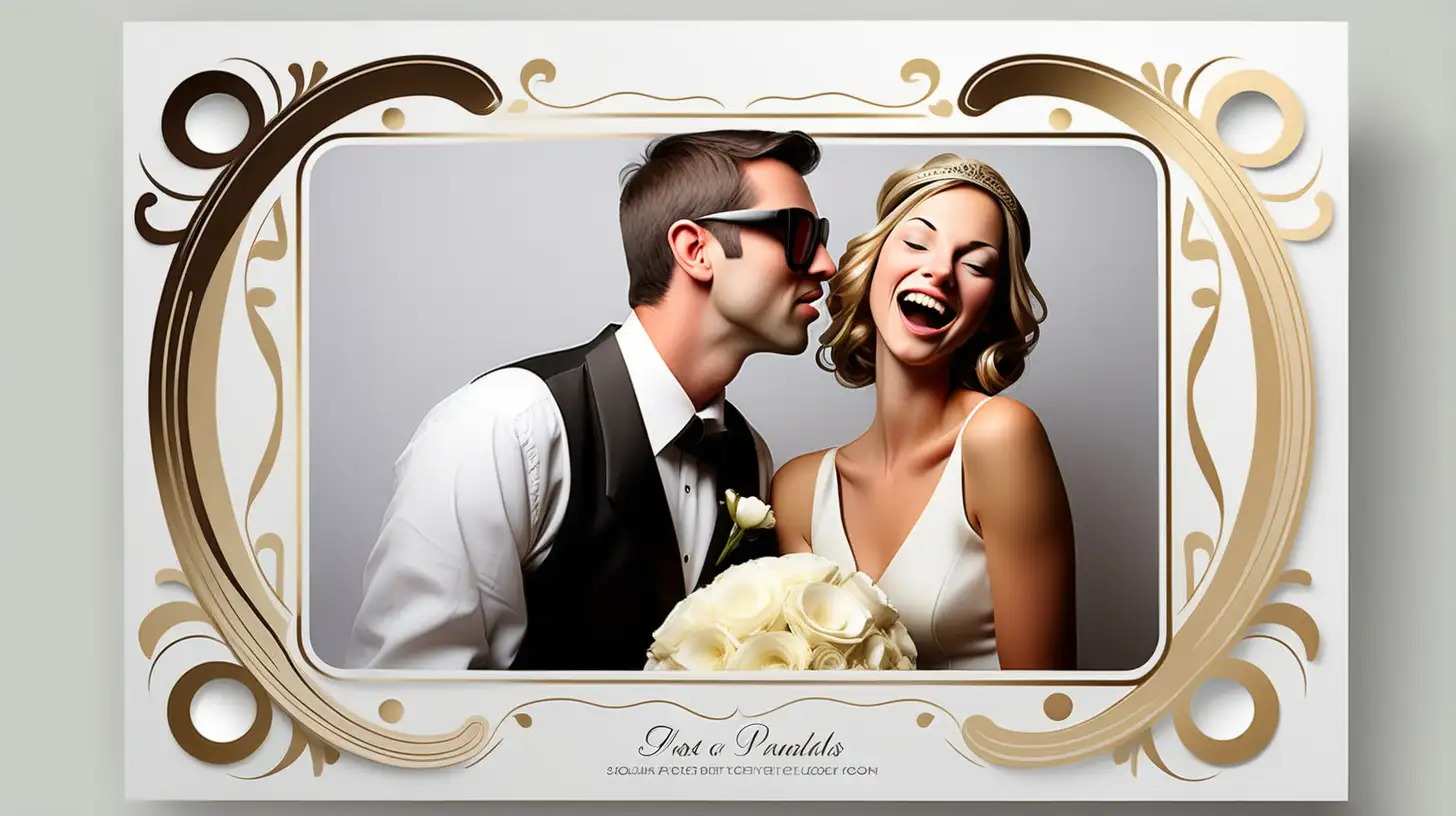 Entwerfen Sie eine elegante und stilvolle Vorlage für eine Fotobox, die auf einer Hochzeit verwendet werden kann. Die Vorlage sollte das Thema Hochzeit stilvoll und subtil aufgreifen, mit einem hellen und sauberen weißen Farbschema, das Eleganz ausstrahlt. Der Aufbau sollte an eine Postkarte erinnern, auf der mehrere Bildbereiche auf einem ansprechenden Hintergrund angeordnet sind. Es sollen zwei verschiedene Polaroids des Paares in zwei verschiedenen Posen angezeigt werden. Die Gestaltung sollte nicht überladen sein, sondern eine Balance zwischen Einfachheit und feiner Raffinesse halten. Über den Bildbereichen sollen zwei, wirklich nur zwei schwebende goldene Eheringe platziert sein, die einen Hauch von Luxus hinzufügen und die Verbindung symbolisieren. Die Beleuchtung der Vorlage sollte sehr hell sein fast schon strahlend, um eine leichte und luftige Atmosphäre zu schaffen, die für die Freude und Feierlichkeit des Anlasses geeignet ist. 