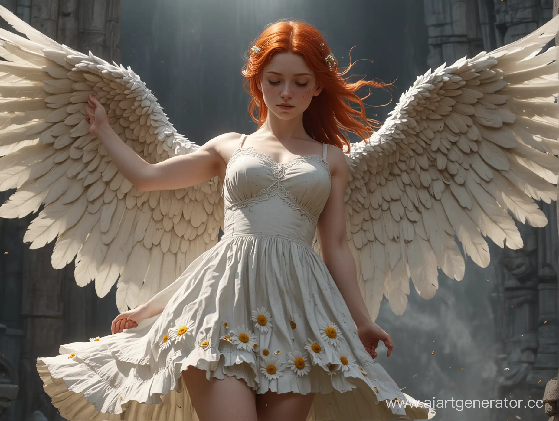 Majestic-Stone-Angel-Carrying-RedHaired-Girl-with-Daisy-Dress-in-Realistic-4K-Art