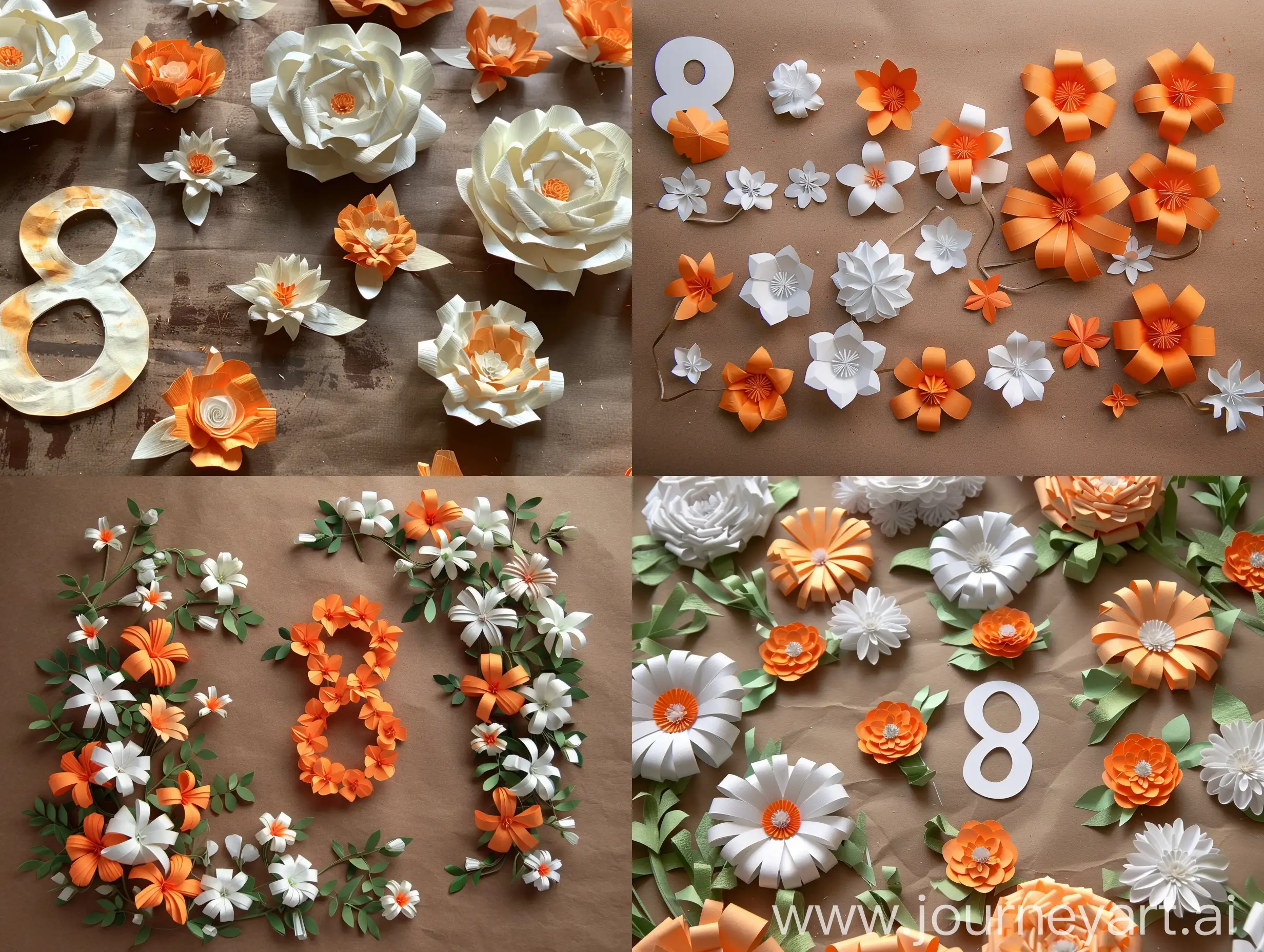 number 8 and orange and white flowers made of paper lay on the brown table