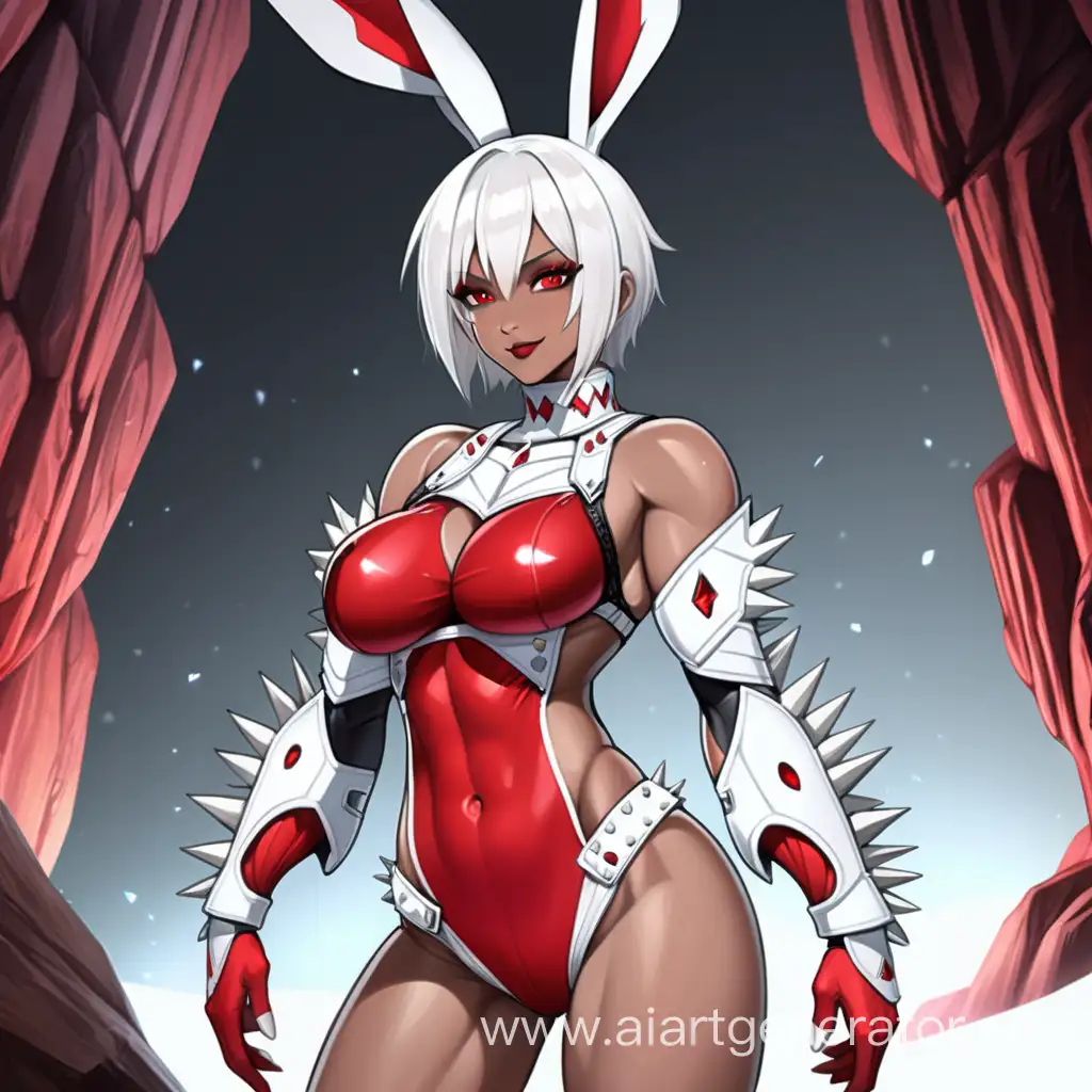 Red Crystal Cave, 1 Person, Women, Human, White hair, Long Rabit Ears, Short hair, Spiky Hair style, Dark Brown Skin, White Full Body Suit, White Body Armor, Chocer, Scarlet Red Liptsick, Serious smile, Big Breasts, Scarlet Red eyes, Sharp Eyes, Hard Abs, Toned Abs, Big Muscular Arms, Big Muscular Legs, Well-toned body, Muscular body, 
