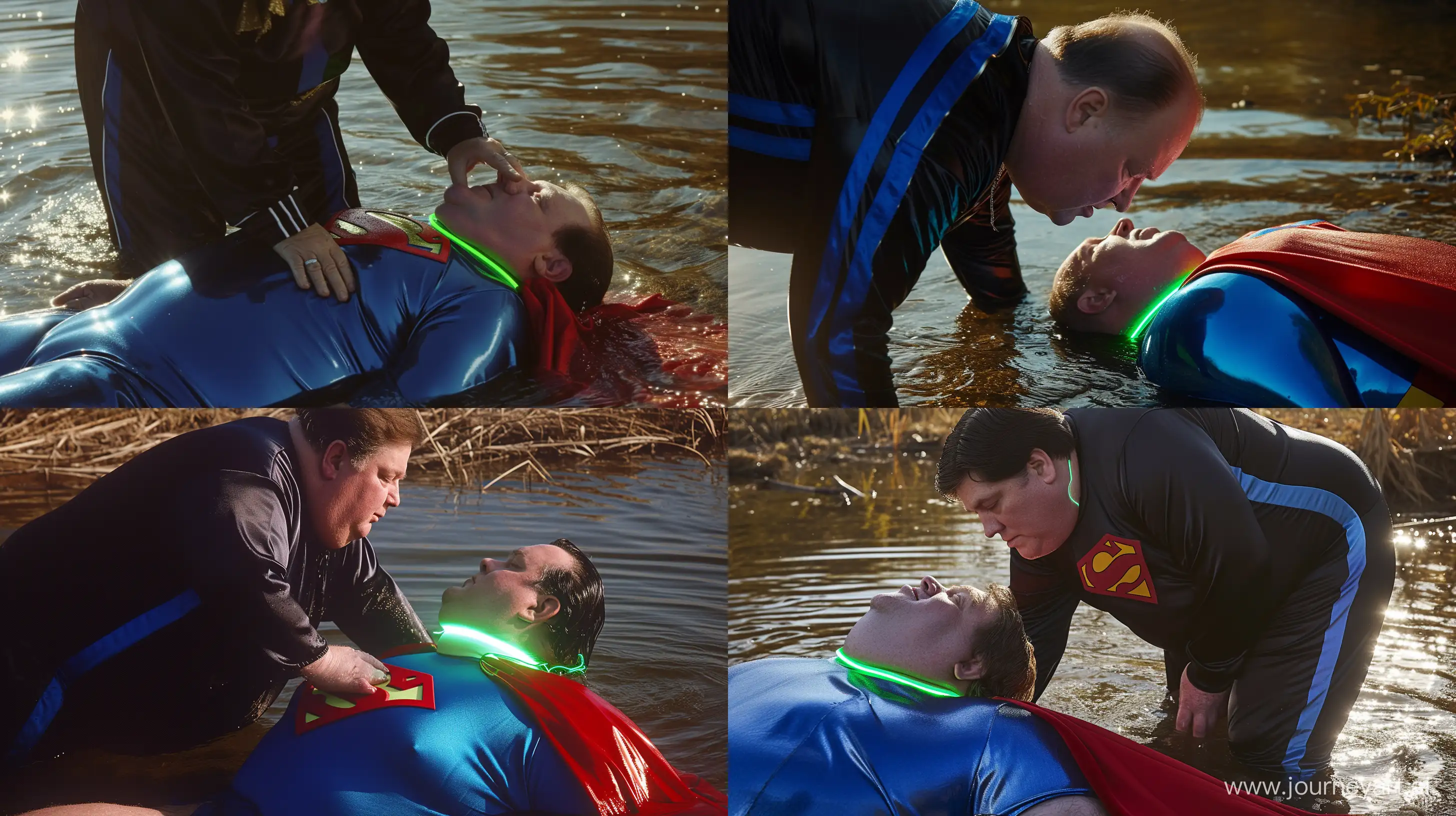 Close-up photo of fat man aged 60 wearing a silk black tracksuit with a royal blue stripe on the pants. He is looking down on a fat man aged 60 wearing a tight blue 1978 smooth superman costume with a red cape and a tight green glowing neon dog collar on the neck lying in the water. Natural Light. River. --style raw --ar 16:9