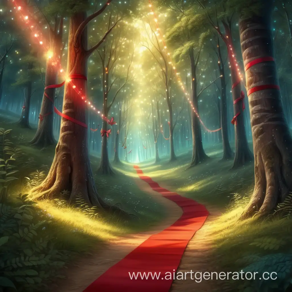 Enchanting-Sunny-Forest-Scene-with-Red-Ribbon-and-Fireflies