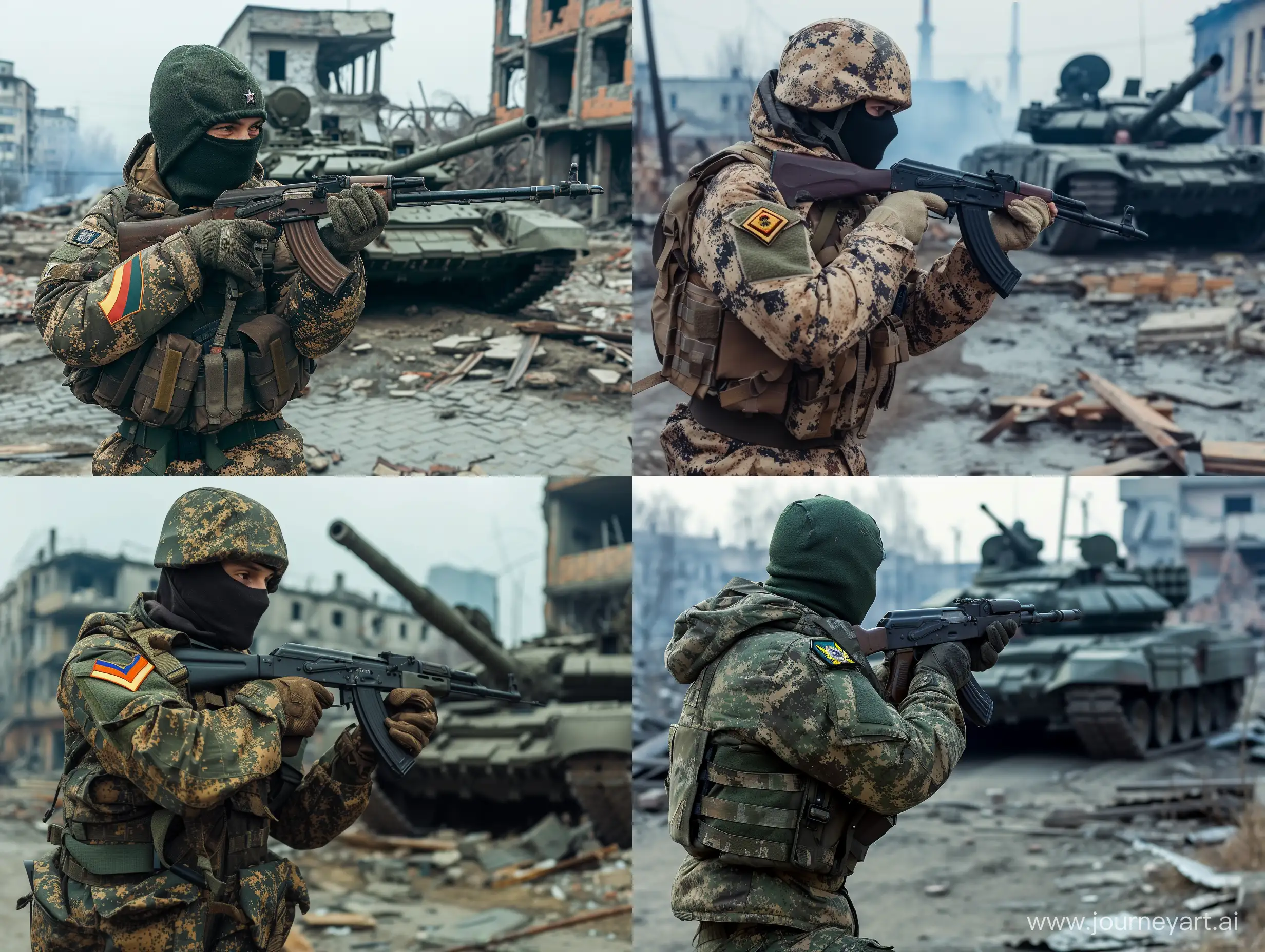 Российский солдат в форме мультикам, шевроном российской армии, балаклаве, с автоматом ак 12 в руках, на фоне танка т-90, и разрушенных зданий, на специальной военной операции в Донбассе 
