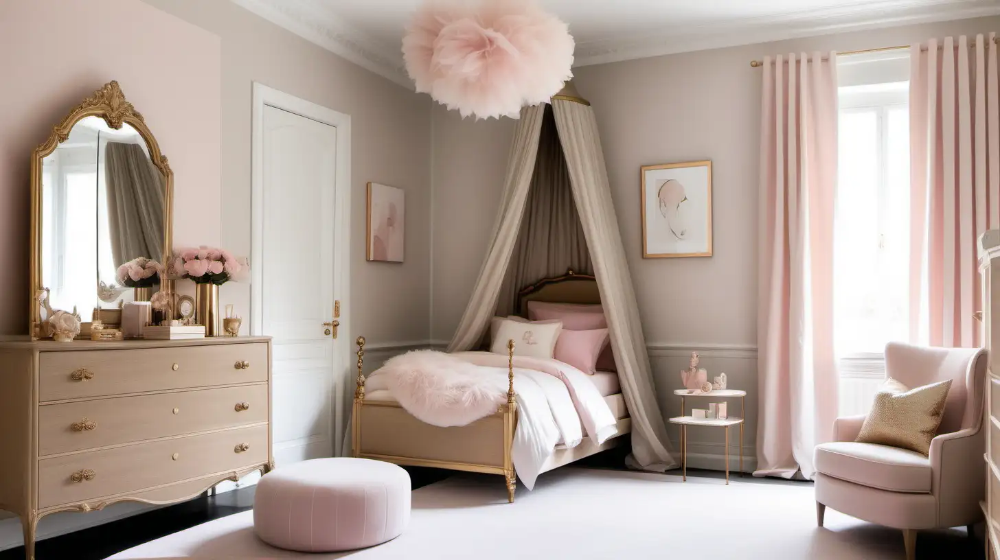 Chic Parisian Young Girls Room in Beige Oak and Soft Pink Palette