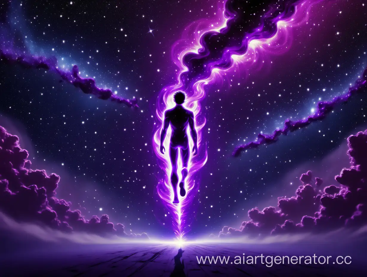 Человек из фиолетовой плазмы идёт по небу на фоне звезд 
