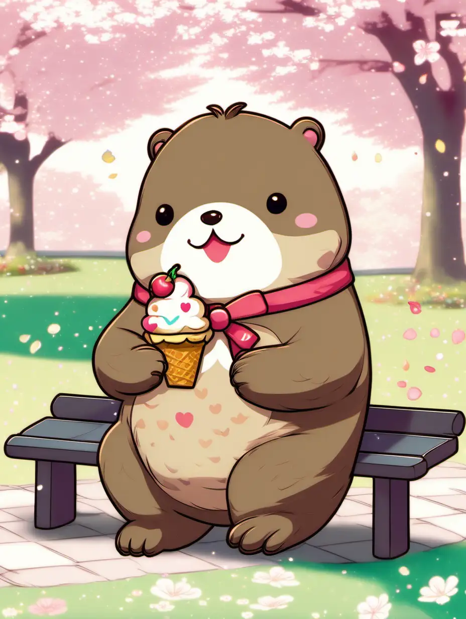 Art Style: Sanrio-inspired

Composition:
- The chubby otter sits on a bright, pastel-colored bench in a cozy park setting, framed by cherry blossom trees in bloom.
- The otter is positioned slightly off-center, occupying the left side of the frame, with the ice cream cone held delicately in its paws.

Subject:
- The main subject is a chubby otter enjoying a sweet treat of ice cream.

Visual Elements:
- Characters:
  - Face:
    - Eyes: Large, round, and sparkling with delight.
    - Nose: Small and button-like.
    - Lips: Smiling, with a hint of ice cream residue.
    - Hair: Short, fluffy fur in shades of brown.
    - Complexion: Soft and plush, with rosy cheeks.
  - Body:
    - Build: Round and chubby, conveying a sense of cuteness.
    - Belly: Plump and rounded, visible beneath the otter's shirt.
  - Clothing:
    - Style: Adorable Sanrio-style outfit, such as a striped shirt or overalls.
    - Colors: Bright and cheerful pastel hues, reminiscent of classic Sanrio characters like Hello Kitty.
    - Accessories: Perhaps a bow or a small hat to add to the charm.

- Setting:
  - A whimsical park setting with lush green grass, blooming cherry blossom trees, and colorful flowers.
  - The park bench where the otter sits is adorned with playful Sanrio-themed decorations, adding to the enchanting atmosphere.

Atmosphere/Mood:
- The atmosphere is joyful and lighthearted, evoking feelings of happiness and innocence.

