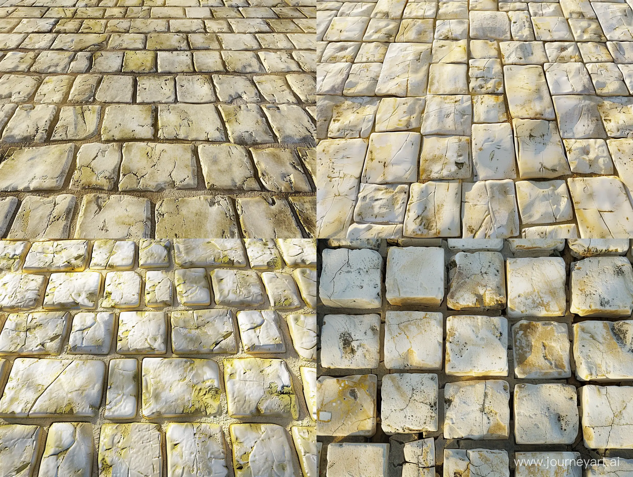 regular white-yellowish bricks placed kinda randomly on the ground
camera angle is from top