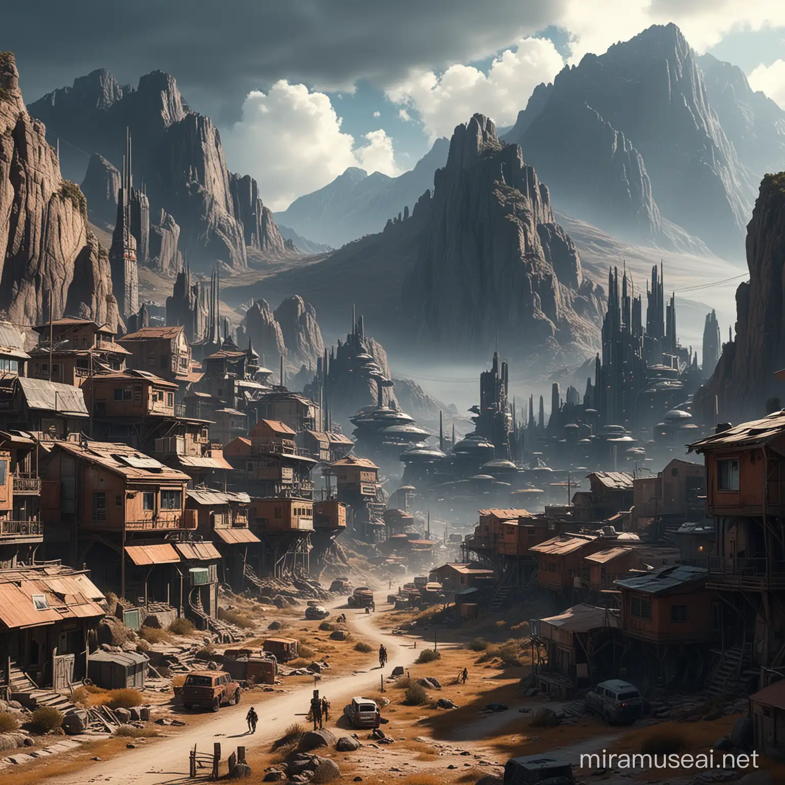 poor small sci fi town up against a mountain