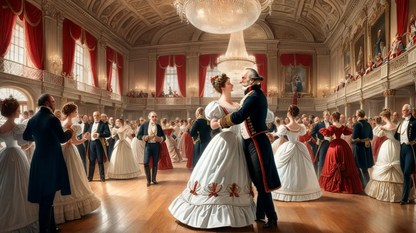 Nineteenth Century Ballroom Admiral Dancing with Elegant Lady in White and Red Attire