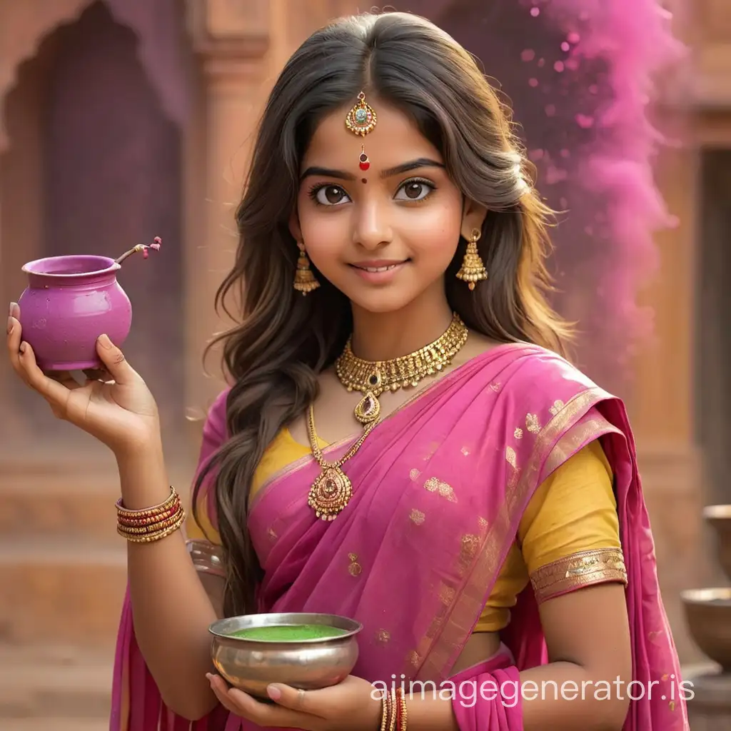 A 16 years old girl with pink colour saree and jewellery and in traditional and holding a colour pot in her hand with holi background and some colour on her cheeks in standing position