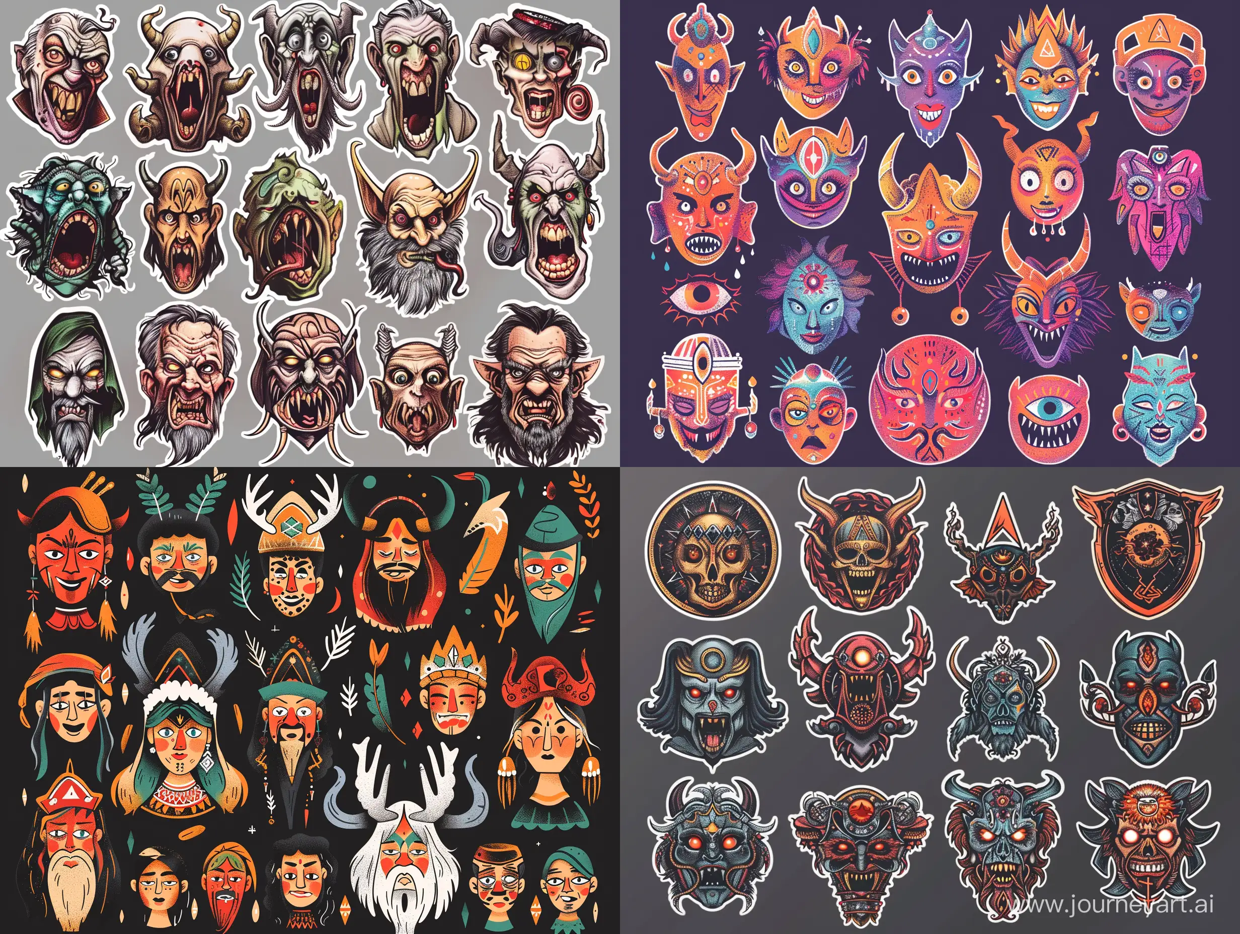 set of highly detailed stickers, various emotions, slavic mythology, interpolation of human emotions