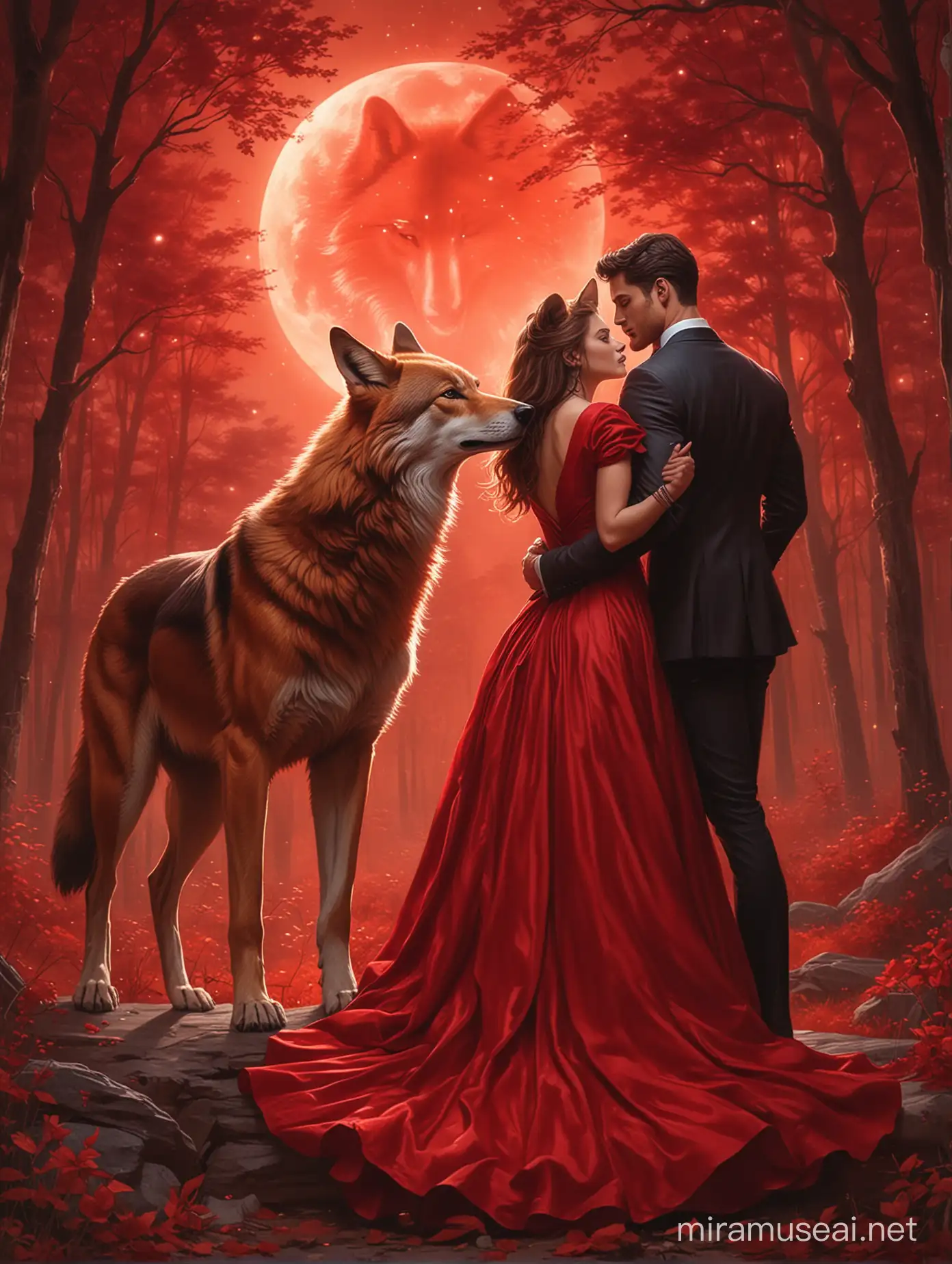 A beautiful lady in a deep red dress held romantically from the back by a handsome young muscular man, with a luminous red wolf glowing behind them