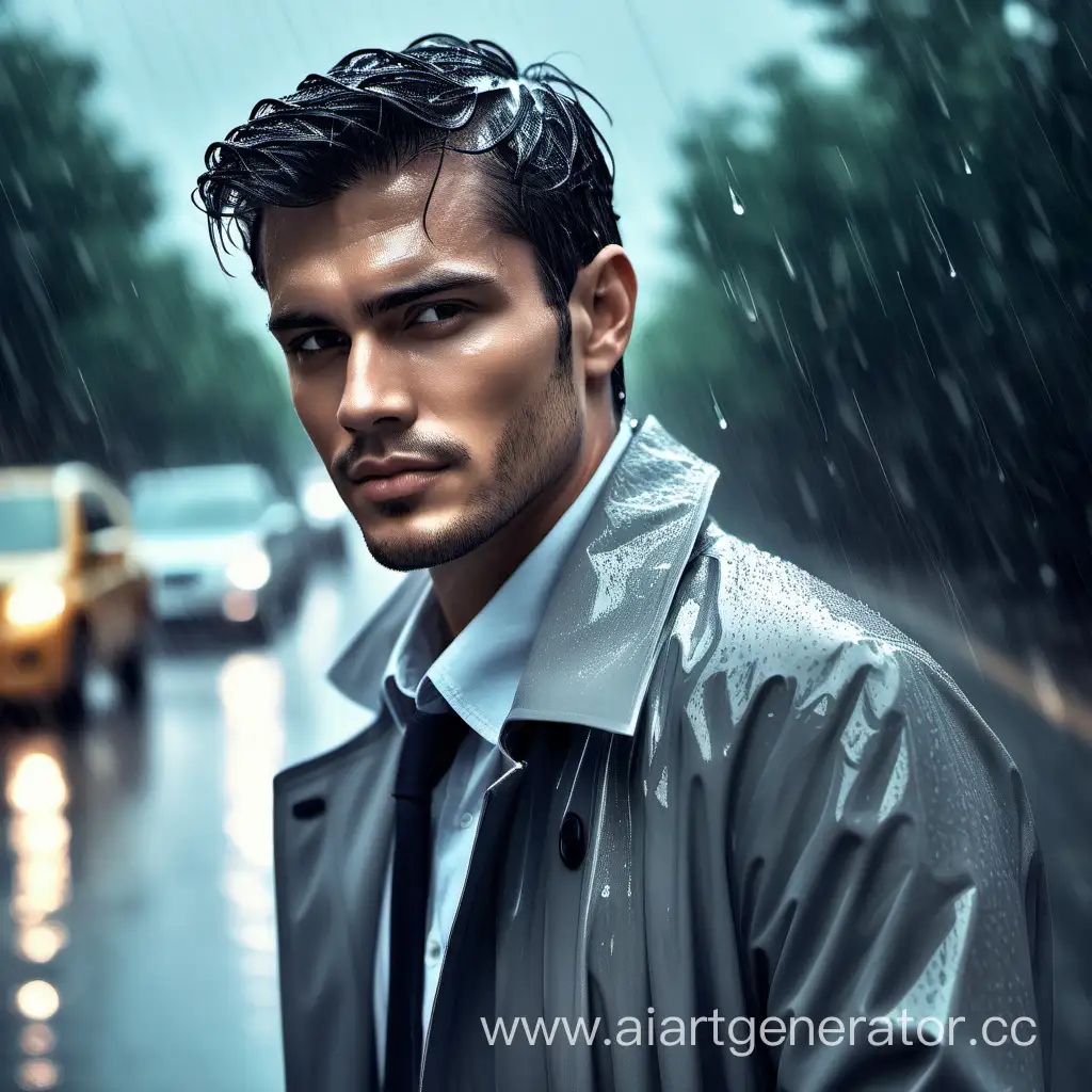 красивый мужчина под дождём в сером стиле