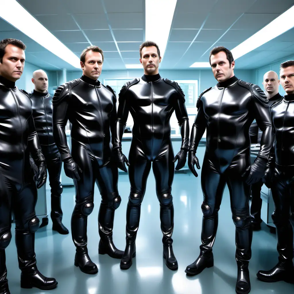 Homoerotic, sci-fi tv show, in a futuristic high tech laboratory with many large wall sized monitors showing various human body outlines, stand 3 motorcycle officers, facing forward, all 3 with identical handsome faces, all with muscular athletic bodies all wearing tight 1 piece very shiny black rubber suits, dehner motorcycle boots, form fitting tight police leather motorcycle jackets, standing in front of a man wearing a skin tight rubber suit laying on a exam table, being examined by a doctor, highly detailed, epic realism, --ar 2:3 --v 6.0