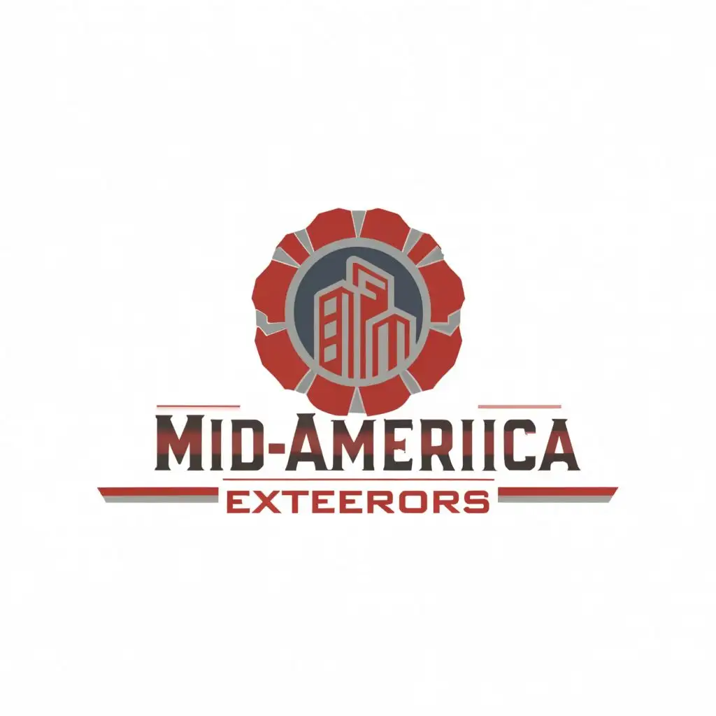 a logo design,with through text "MID-AMERICA EXTERIORS", main symbol:SIMPLE 1930s Industrial age AMERICA ART DECO SHIELD hammer, saw, truck, house integrated into the design, to be used in Residential Construction Storm Damage Restoration industry