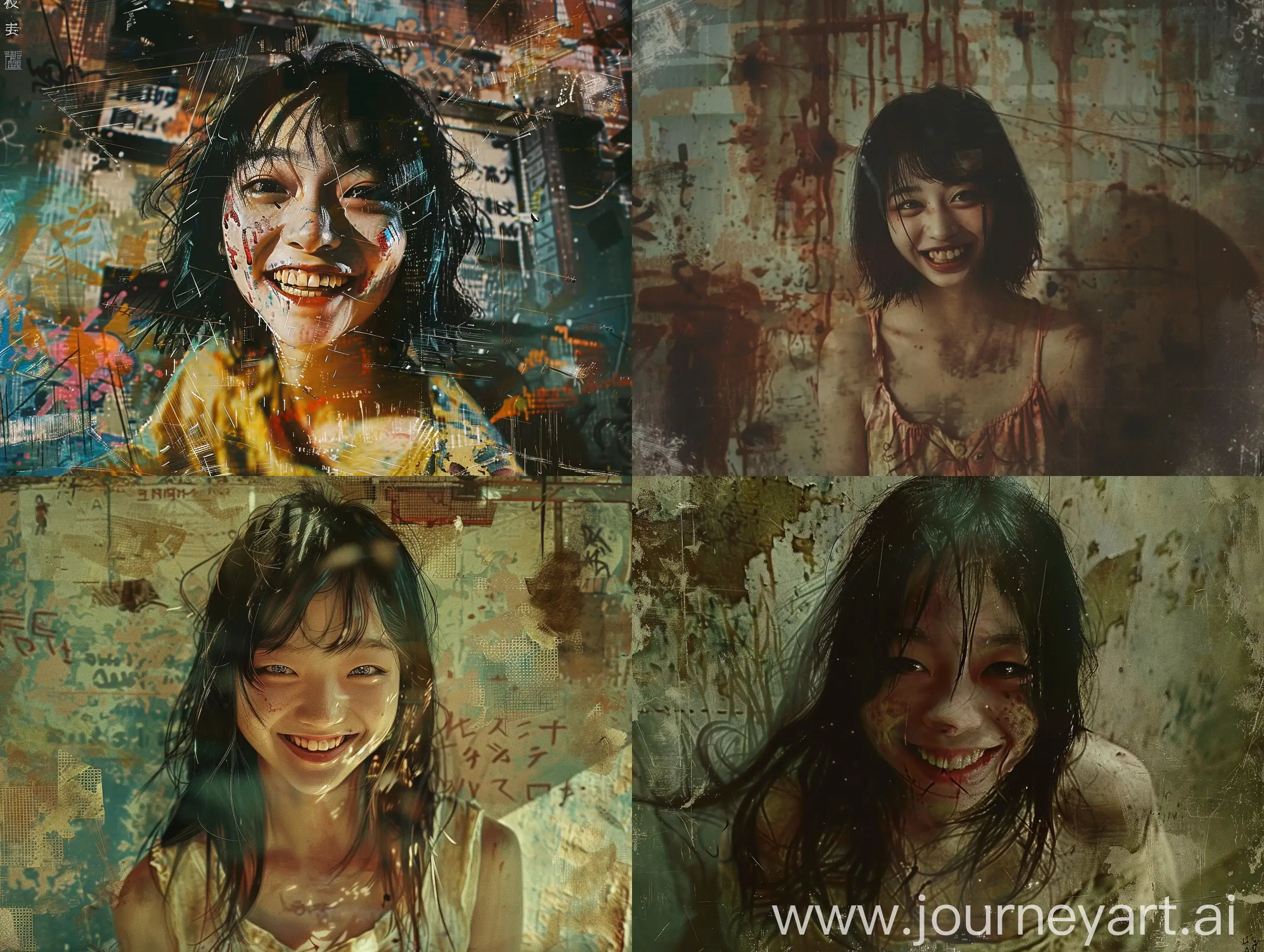 realistic movie stills, full body, full shot, wide shot, A Japanese movie star, girl, smile, realistic image, wabi-sabi art, abstract , random textures, random graffiti strokes, digital illustration, macabre, by suehiro maruo and junji ito, realism, clear light and shadow, movie texture, film photos, expired film, an amazing fantasy movie scene, strong dramatic tension, rich details, clear light and shadow, a strong sense of cinema