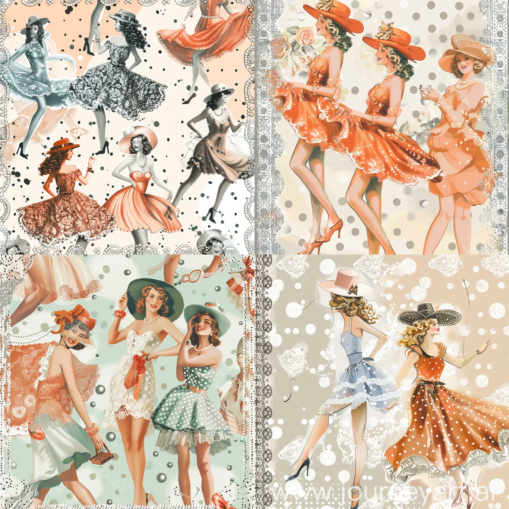 vintage-inspired background featuring retro fashion elements like lace, pearls, and polka dots. Overlay the background with Coquette-style illustrations of glamorous women in retro dresses and hats, striking playful poses.