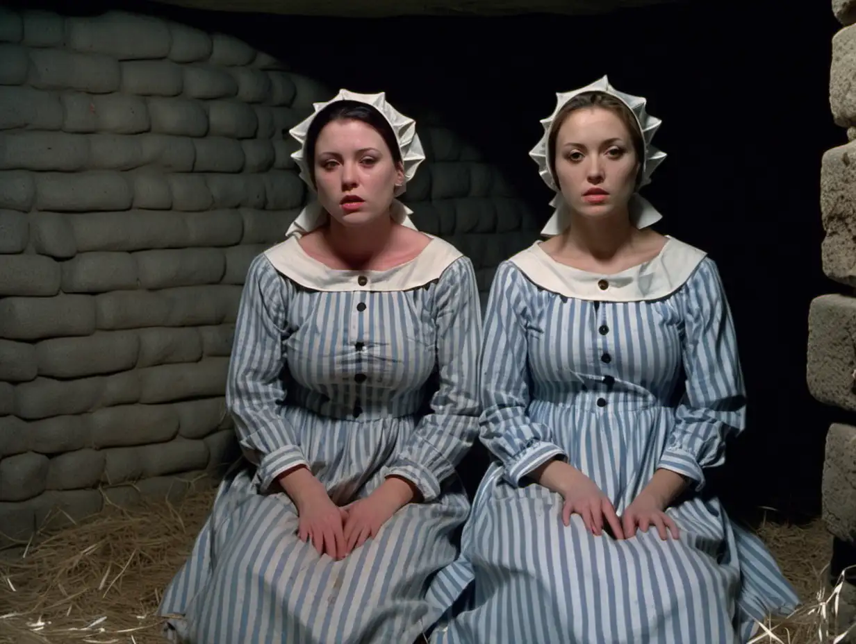 Two busty prisoner woman (30 years old, same dress) sit on hay on the ground (far from each other)in a dungeoncell (Stone walls, small window) in dirty ragged blue-white vertical striped longsleeve midi-length buttoned gowndress(smallshortbonnet, collarless, roundneck, sad and desperate), look into camera, warm colors
