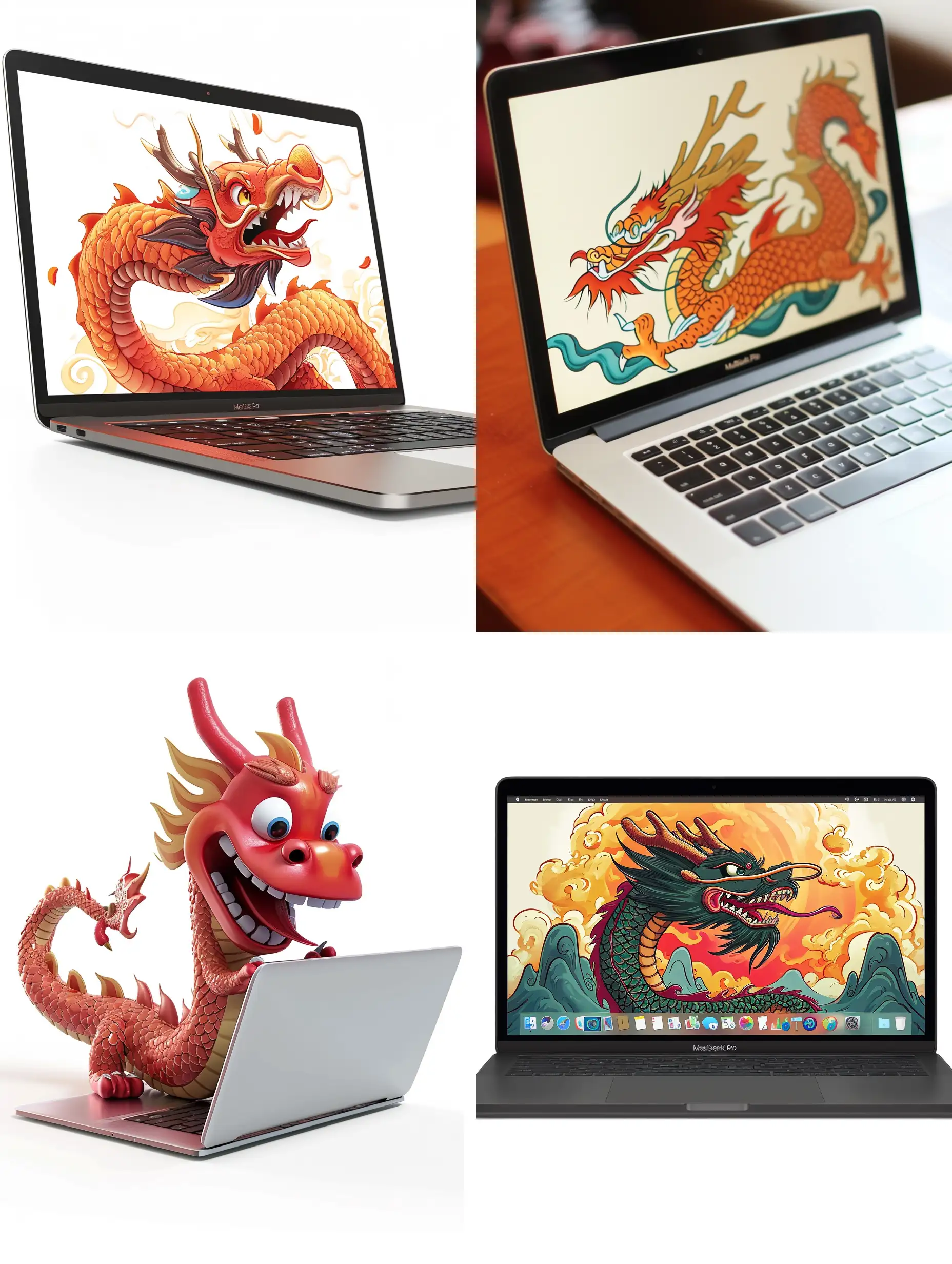 正在使用MacBook Pro的卡通风格中国龙
