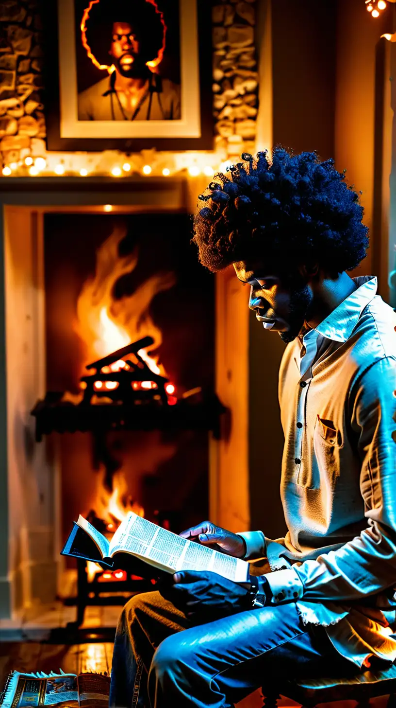 Devout AfroAmerican Man Reading Bible by Fireplace