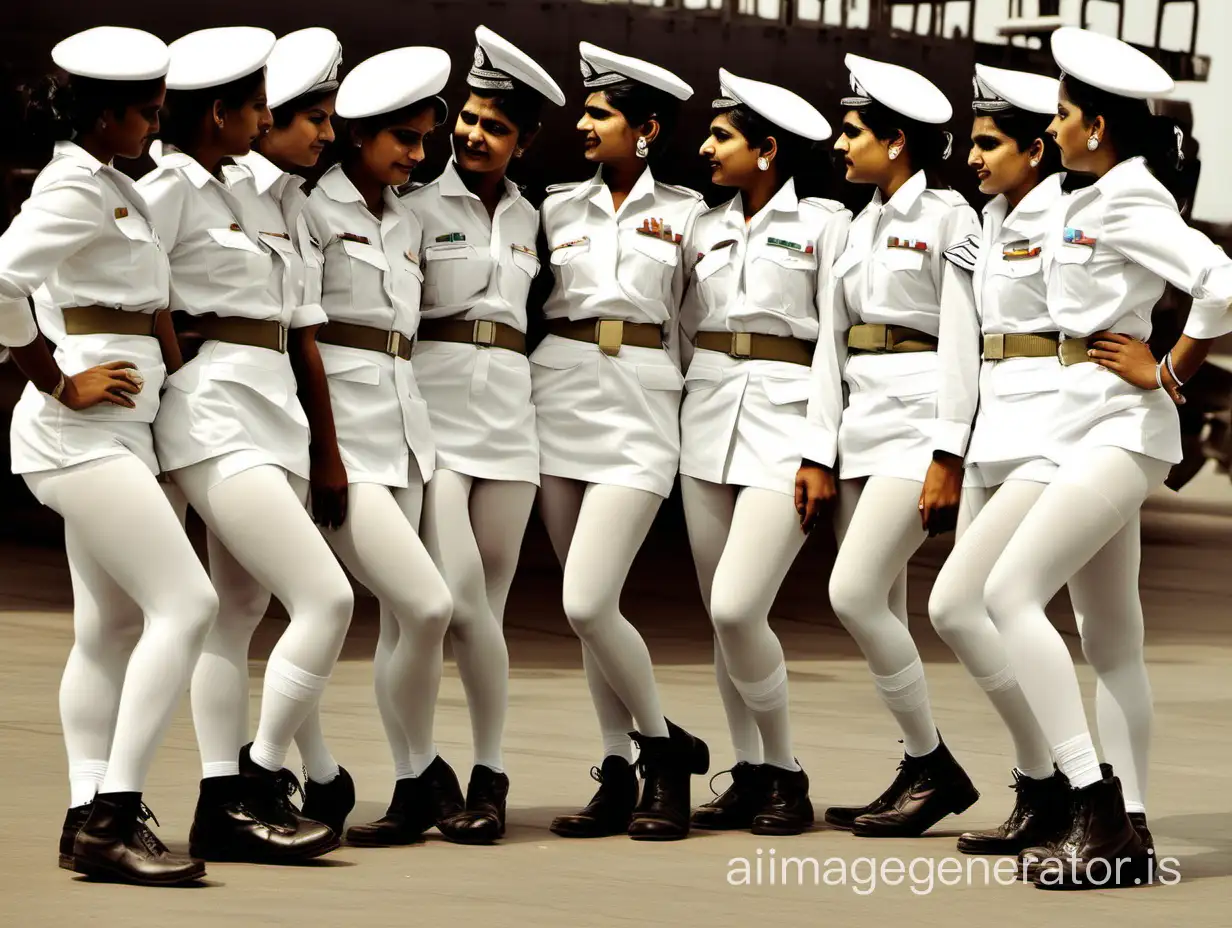 Indian female soldiers are all dressed in standard white stockings, taking off their shoes for a full-body photo.