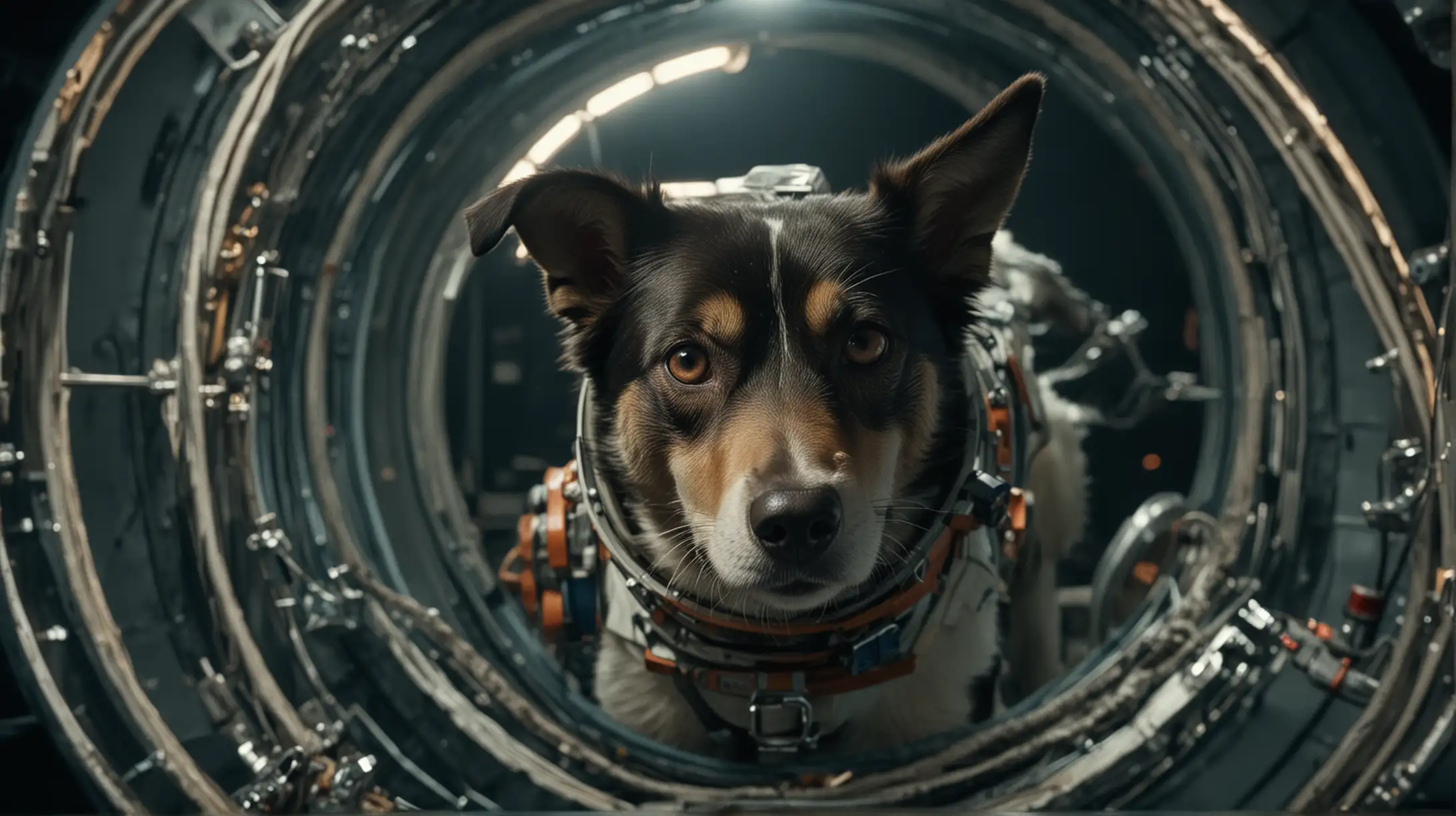 wide mastershot of laika the real life female dog in space costume, inside sputnik the Russian spacecraft, looking down at earth with hope and pain in the eyes