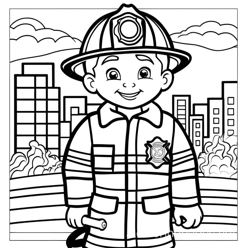 firefighter for preschooler, Coloring Page, black and white, line art, white background, Simplicity, Ample White Space. The background of the coloring page is plain white to make it easy for young children to color within the lines. The outlines of all the subjects are easy to distinguish, making it simple for kids to color without too much difficulty