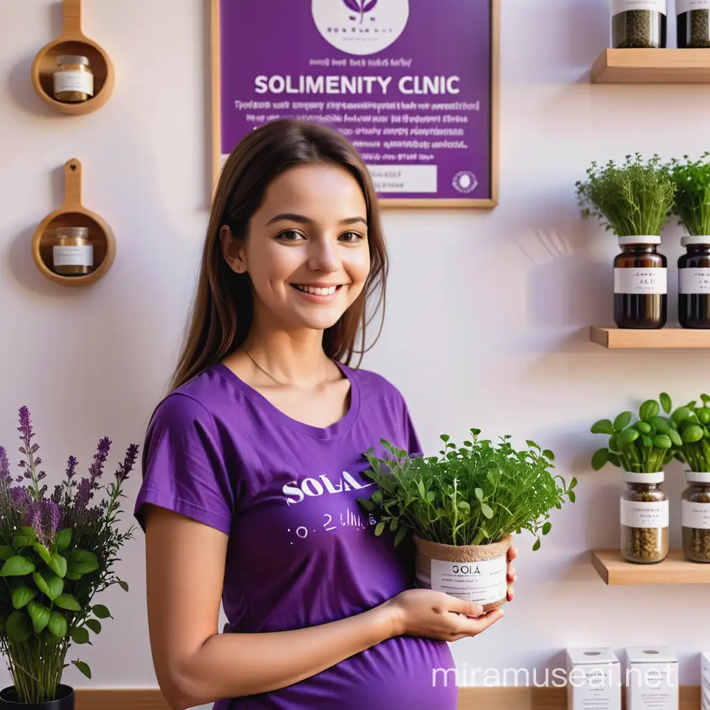 A young lady selling herbs medicine in a clinic that is putting on purple tshirt holding herbs, smiling and with an inscription on the wall Solal holistic and maternity clinic.