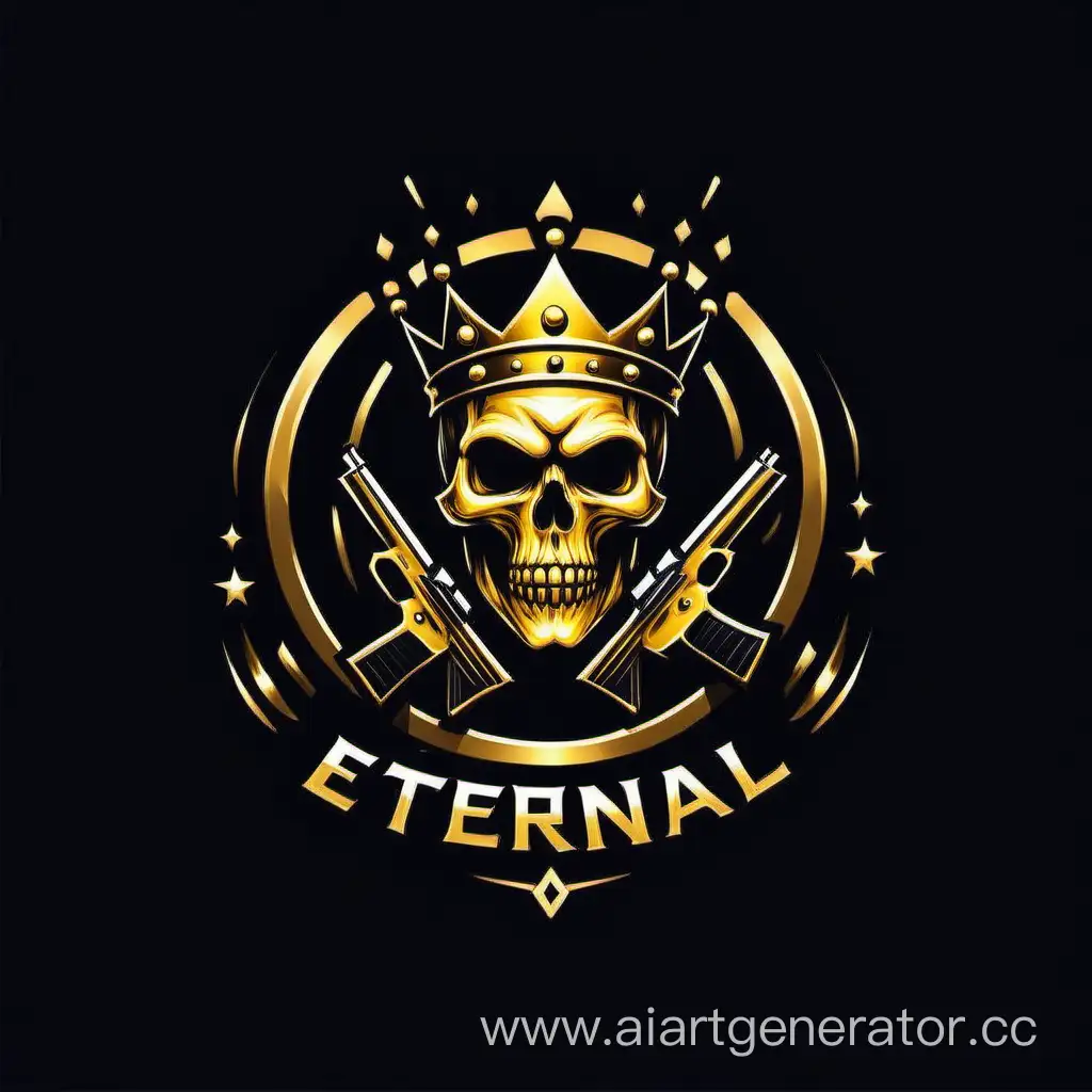 сделай логотип для клана Eternal Team в минимализме чтобы был царь на заднем фоне с автоматом и черепом  в золото черном стиле