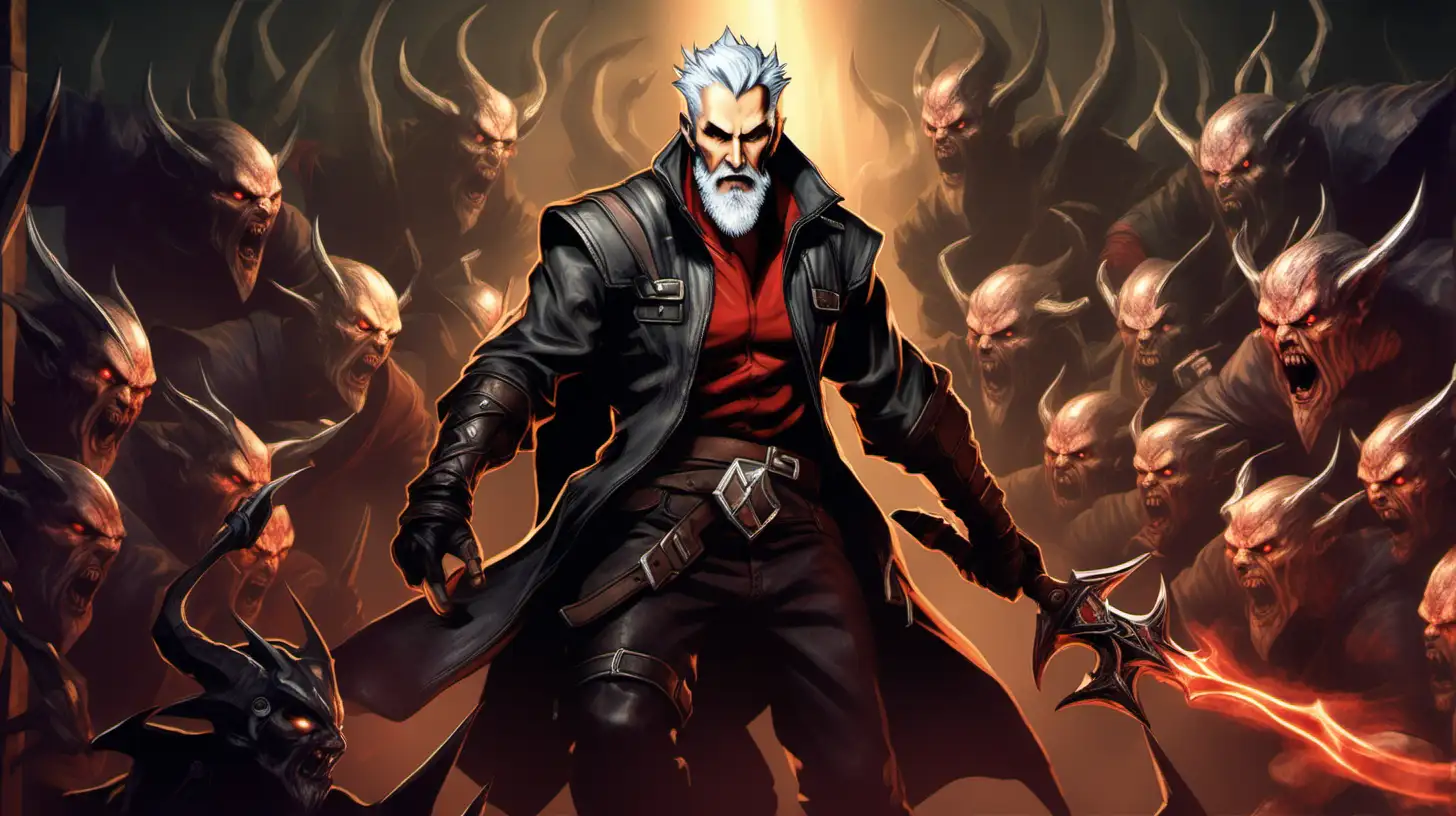 a grey haired male rogue with very short hair and a short grey beard fighting demons, in the style of the video game diablo