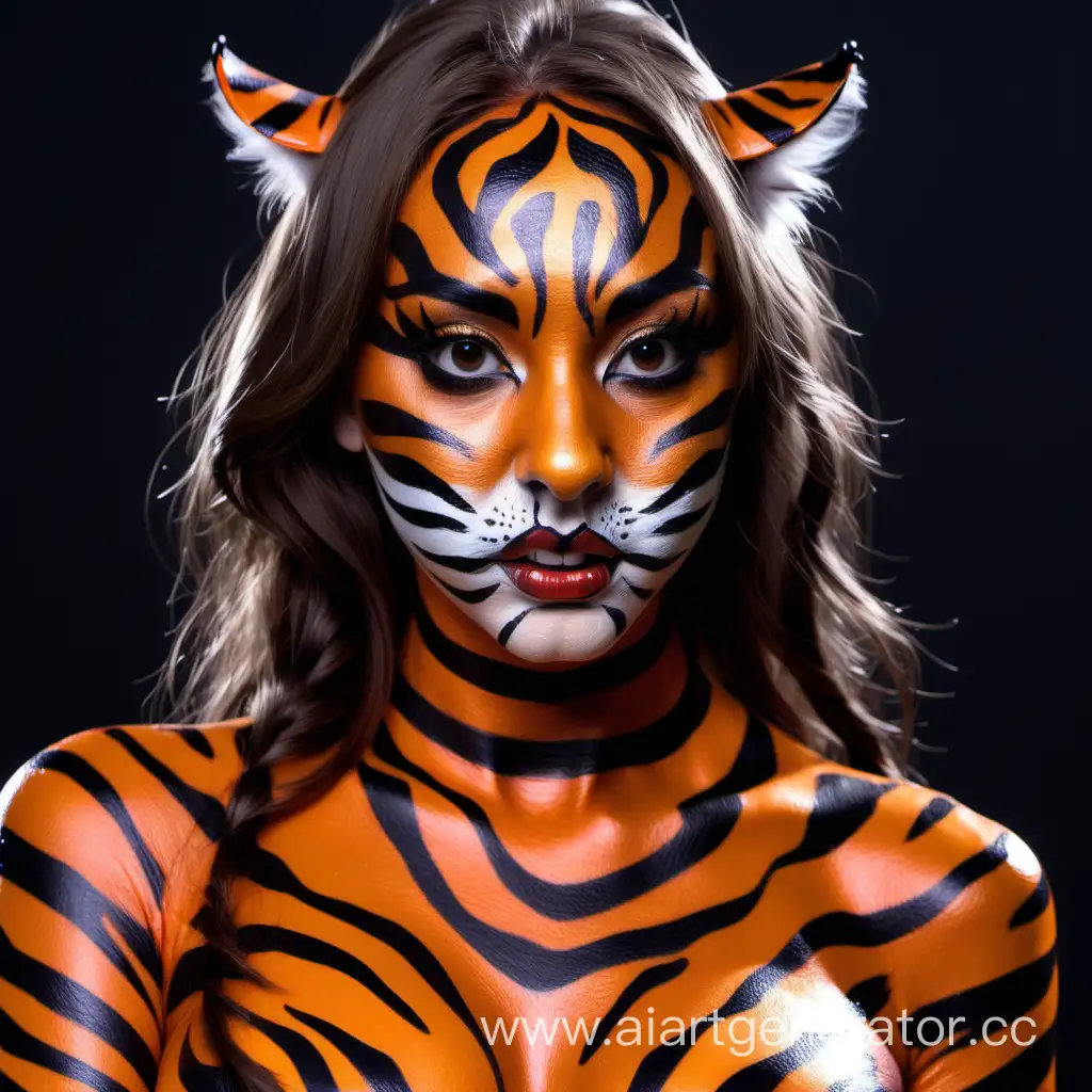 the girl turns into a tiger woman with the help of makeup artists with plastic makeup silicone prostheses