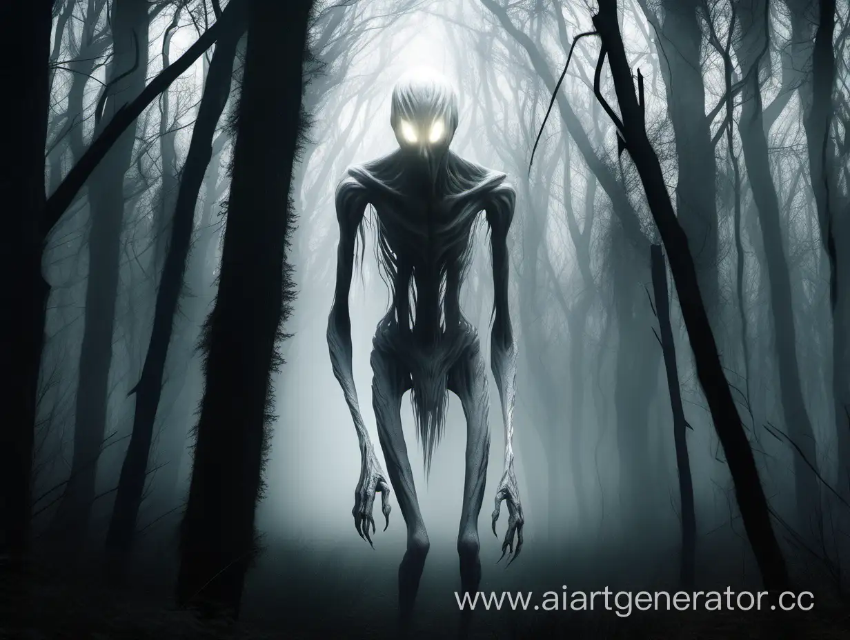 Eerie-Tall-Thin-Glowingeyed-Creature-in-the-Forest