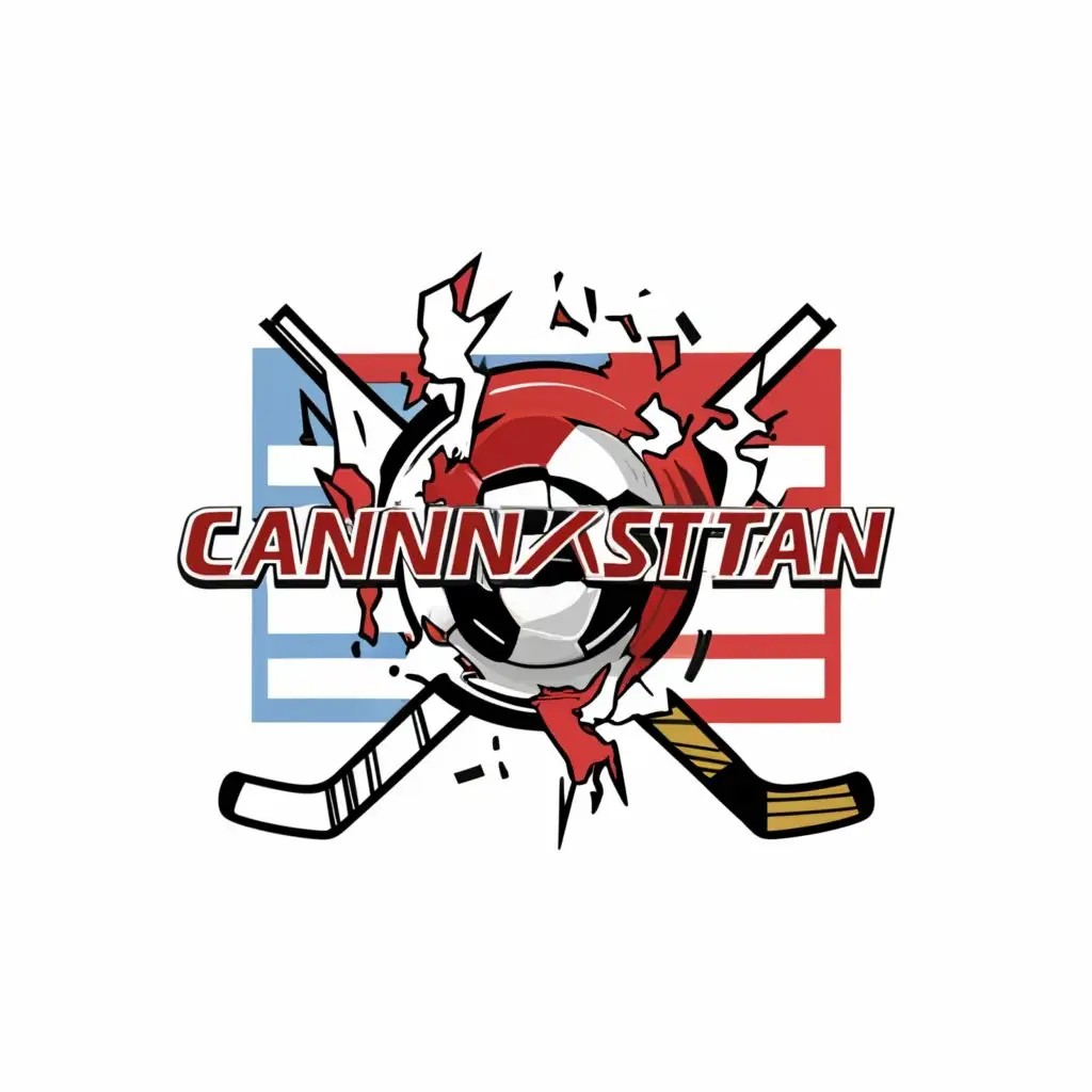 a logo design,with the text "Canunkistan", main symbol: A background divided vertically into two equal parts: red on the left and white on the right.
In the centre of the flag, there's a stylized emblem depicting a soccer ball, broken hockey stick crossed with a hose, overlaid on a maple leaf. ,Moderate,be used in Religious industry,clear background