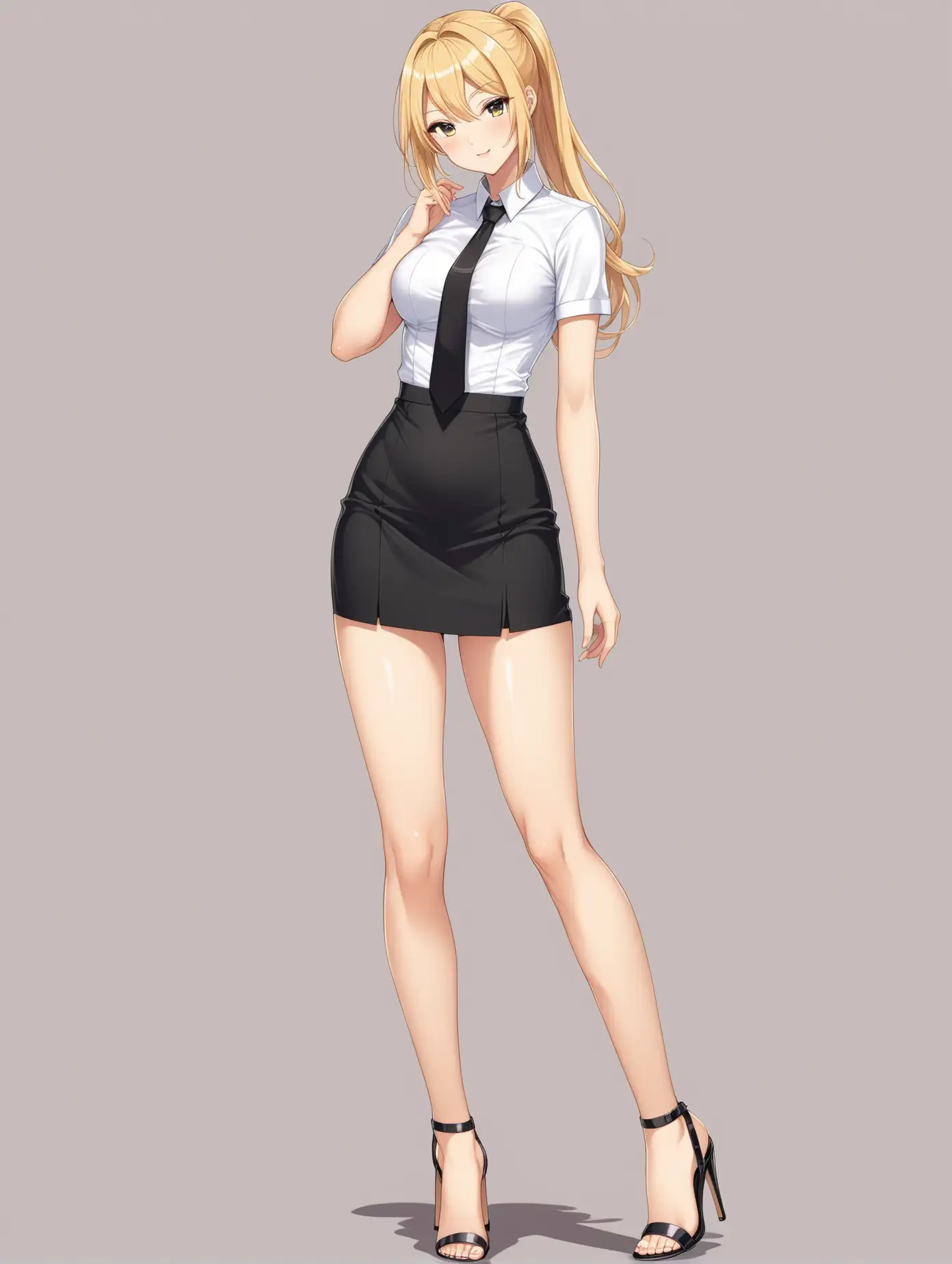 Sensual picture in full body of an anime girl, hot, elegant, office directory outfit, height tall, blonde hair, long ponytail, ankle strip high heels sandals, 2 poses