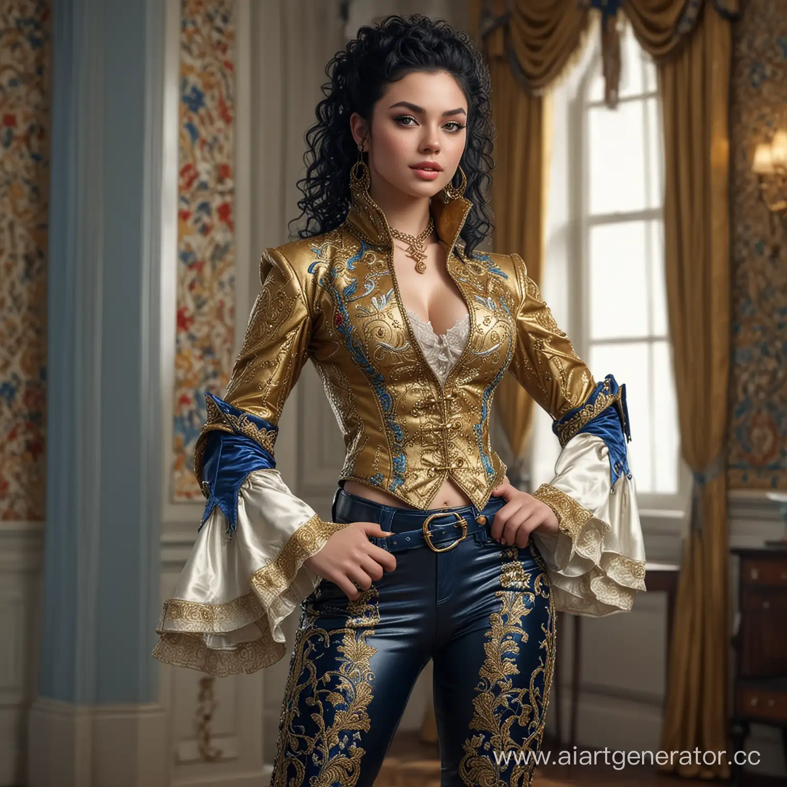 very beautiful girl ((solo)) with black curly hair, with a face and body like Jessica Jinx!!!!! dressed in a shiny gold doublet with embroidery !!!!!!and leather pants !!!!!!embroidery in the form of blue patterns is visible on the doublet and sleeves!!!!!! She stands tall against the background of the room, her boots are visible !!!!! . front light, ((masterpiece)), ((best quality)), high detail, highest detail, ah, high detail, color, sexy lady, beautiful, HDR shooting, photorealistic