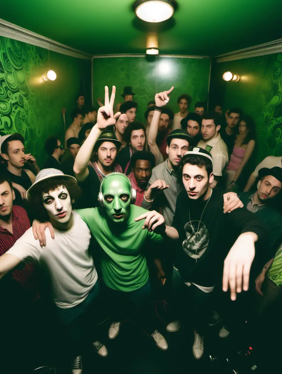  party in a retro green painted room, boiler room dj set, fisheye lens, some people are dressed for carneval