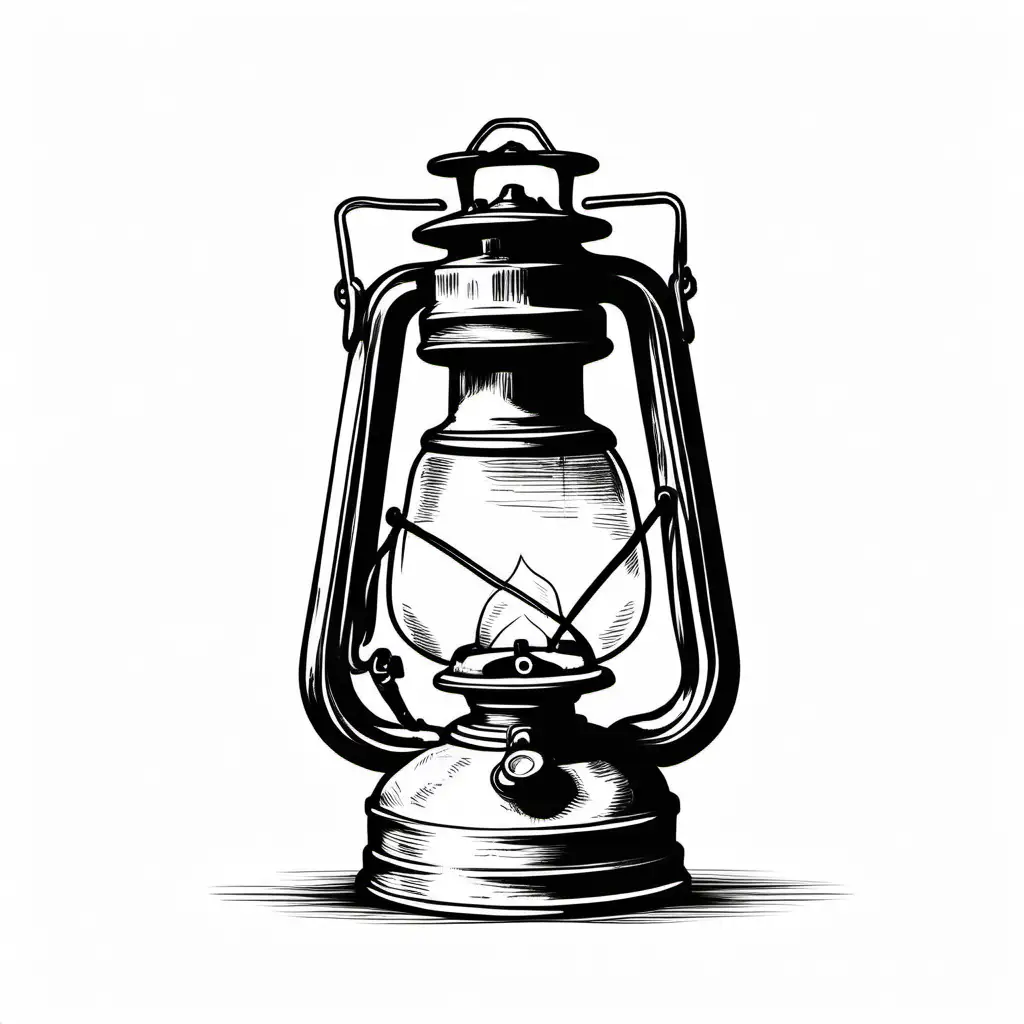 Sketch kerosene lamp. Traditional style. On a white background. Fire inside. Contour black and white image.
