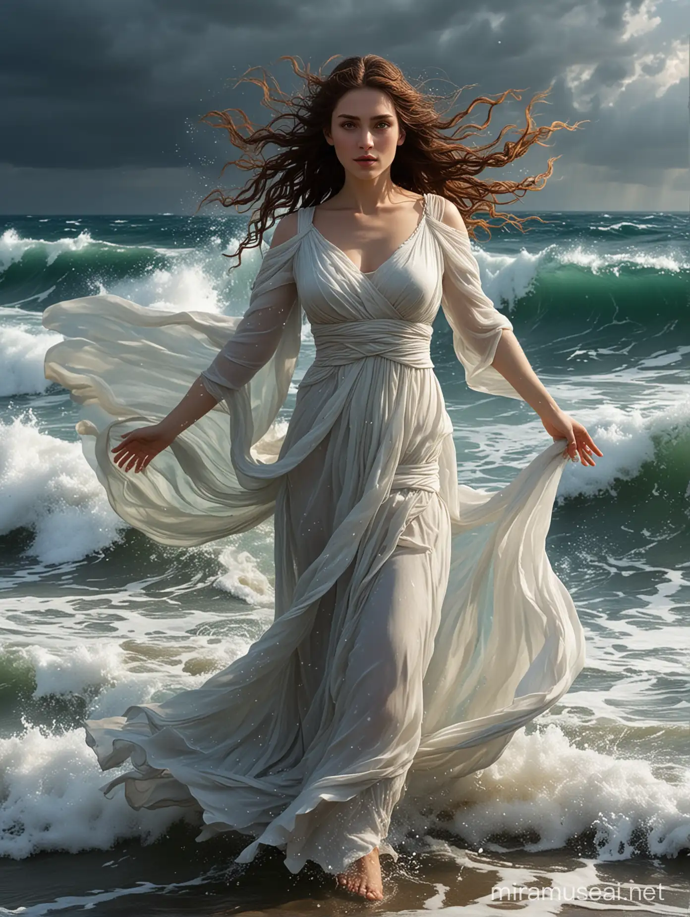 A masterpieced of Kimiya Hosseini as Leucothea, Greek goddess of the sea. She emerges of the sea, and her Greek dress flows ethereally in the wind until it mixes with the water until it disappears. She has has blue eyes.
The storm tossed sea. 