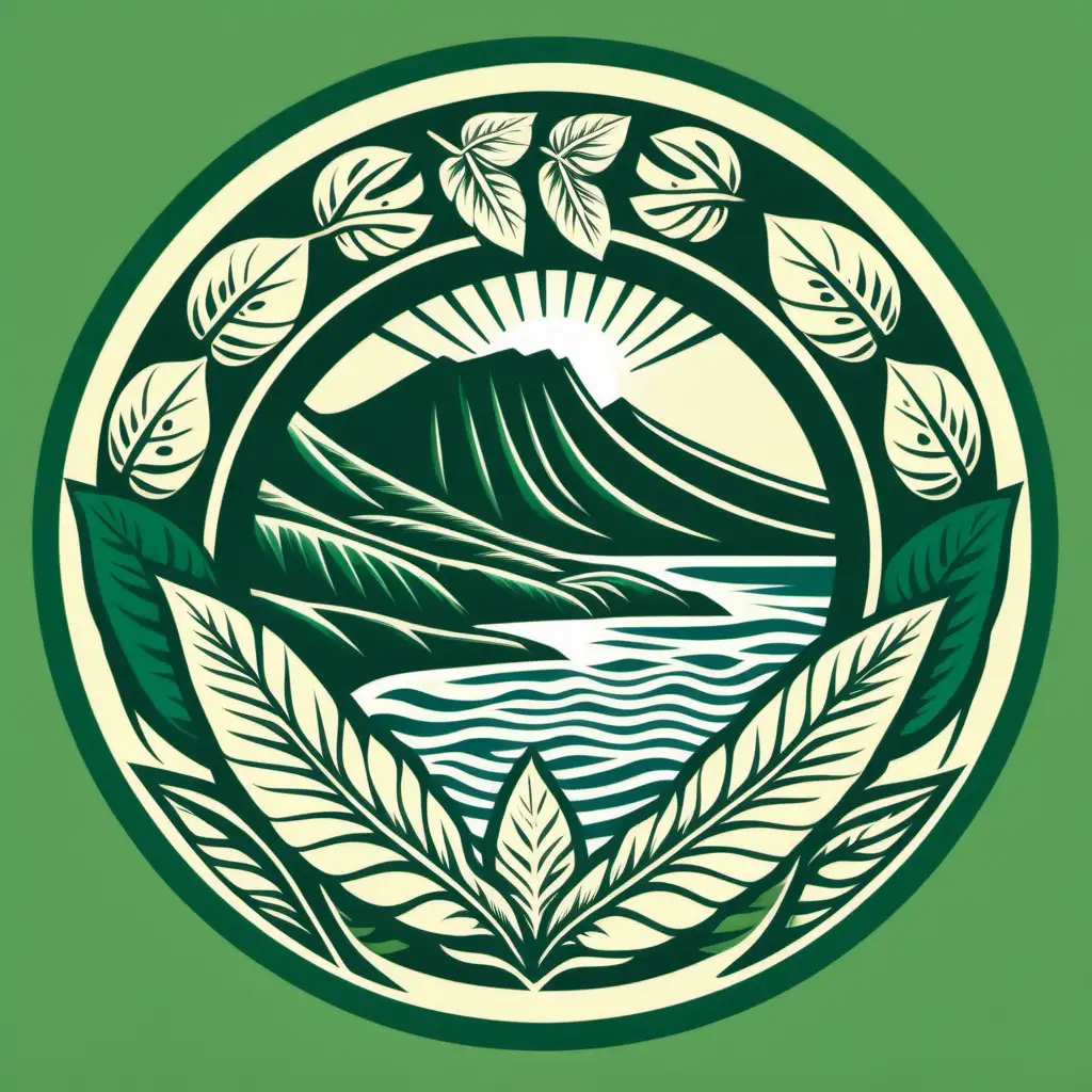 create a logo with silouette of islands of Maui, Molokai and Lanai
, cultural images of breadfruit and taro in foreground, ocean and gentle mountains, 1-2 colors,green, block print technique, circular logo, no copy/type on logo, taro leaves in foreground

