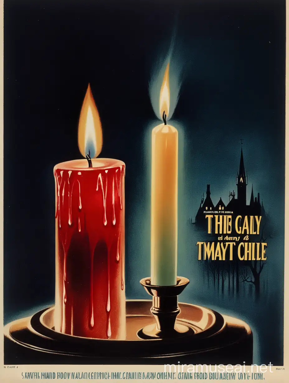 Make me a movie poster from the 1950s surrounding a candle. Make it a horror movie