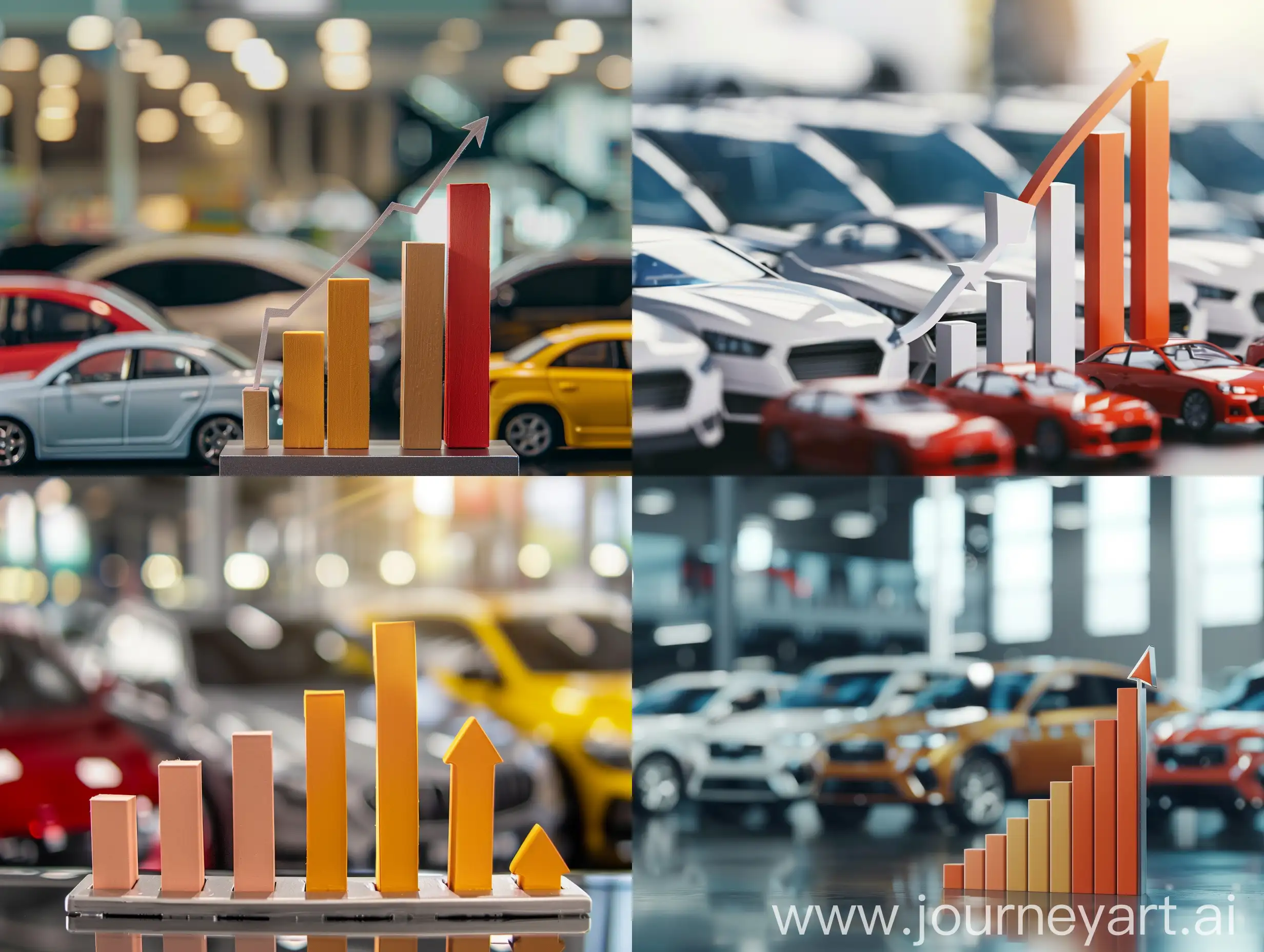 minimalist editorial photograph of a simple, minimal bar graph increase in a contrasting color or with an upward arrow, with the background of car fleet, style raw