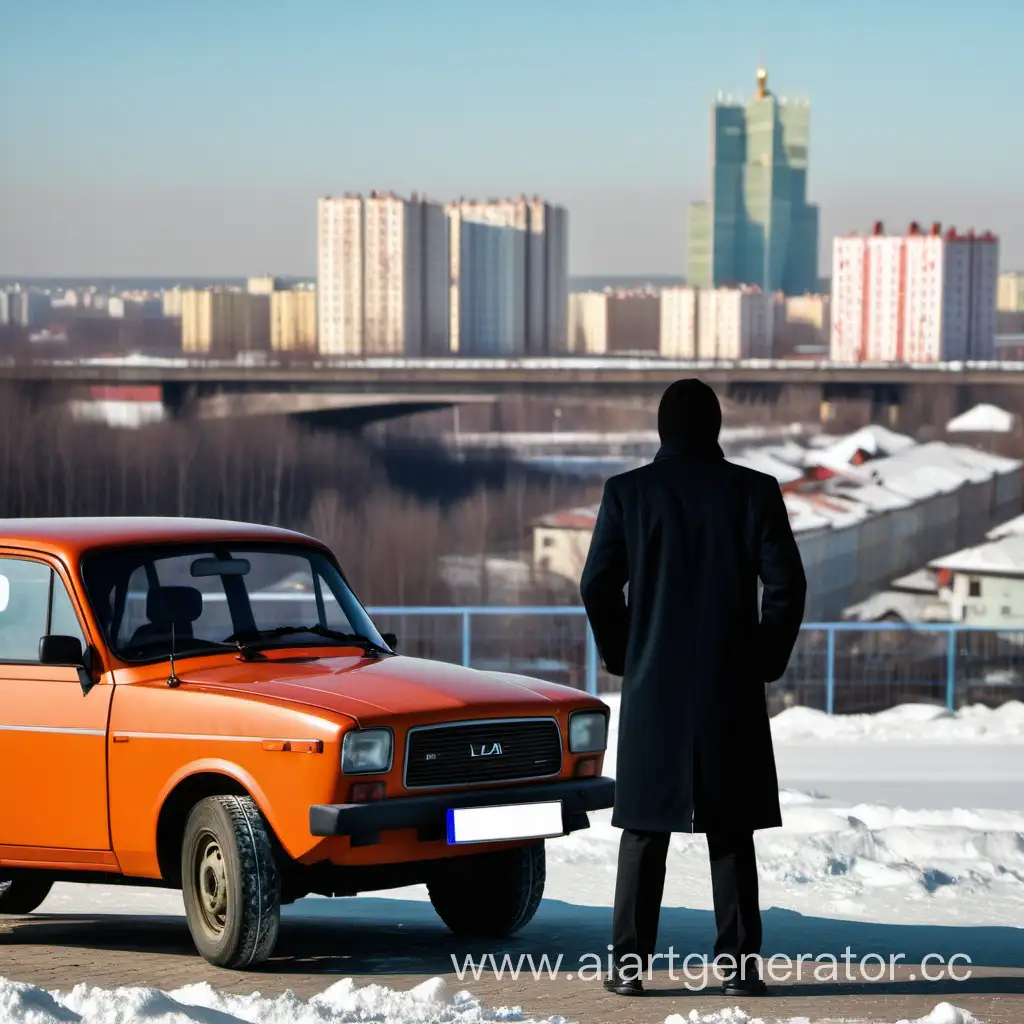 Ordinary person, Russian, behind stands a Lada car, in the background the cityscape