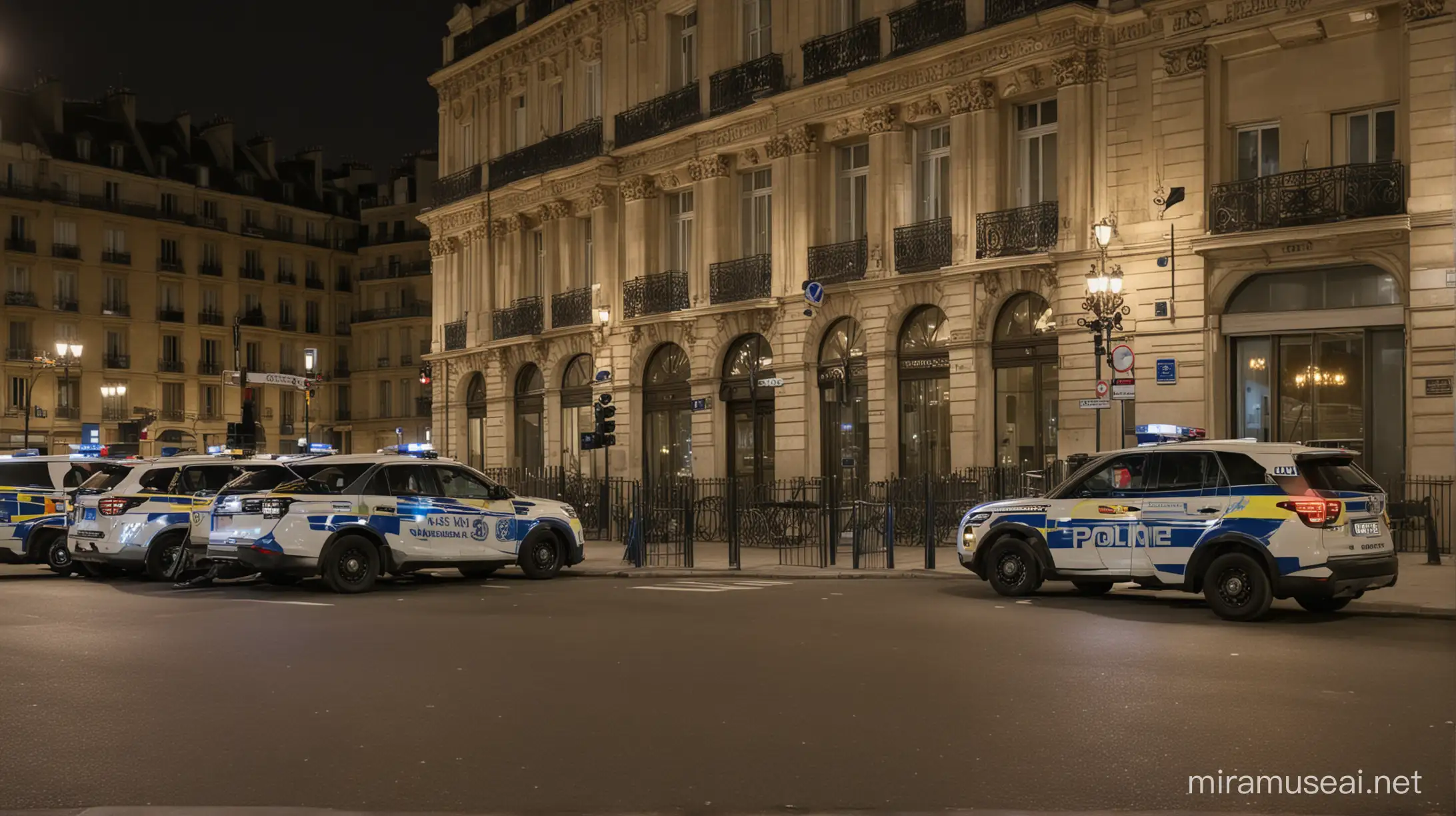 des voitures de police, la nuit, gyrophares allumés, garées devant un immeuble parisien