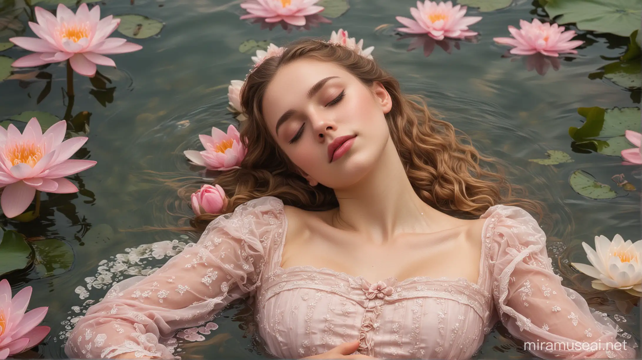 19th-century art style, face focus, beautiful young woman partially submerged in water, surrounded by gorgeously delicate pink water lilies, eyes closed, she is around 20 years old, long wavy golden-brown hair, cherry-pink lips, light pink cheeks, she is wearing a lacy pink Victorian-style dress