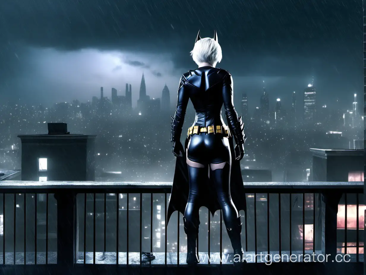 make it look like a photo of a woman with white short hair in full height with her back to us, her face is not visible, with dog ears, in a costume from the game batman Arkham origing, with white short hair, wearing glasses, standing on the roof of a building with her back to the camera, and looking at the rainy night Gotham.