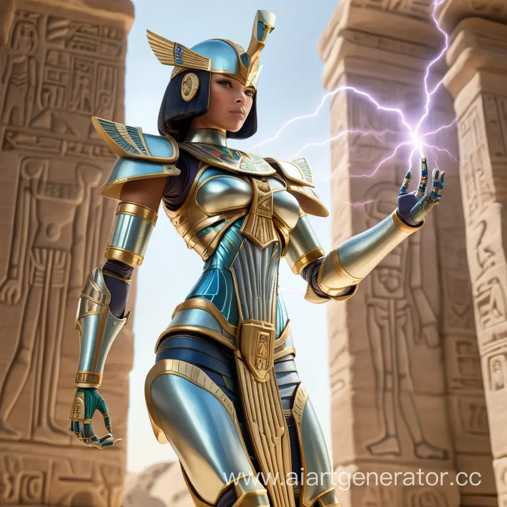 женский андроид в латном доспехе с видимыми сочленениями шарнирами и синтетическими мышцами держит молнию в руке в египетском храме