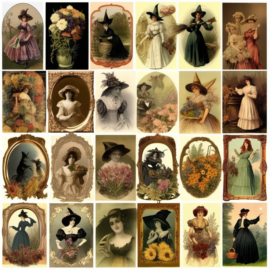 collage of victorian era pictures  , old world flowers, witches, 