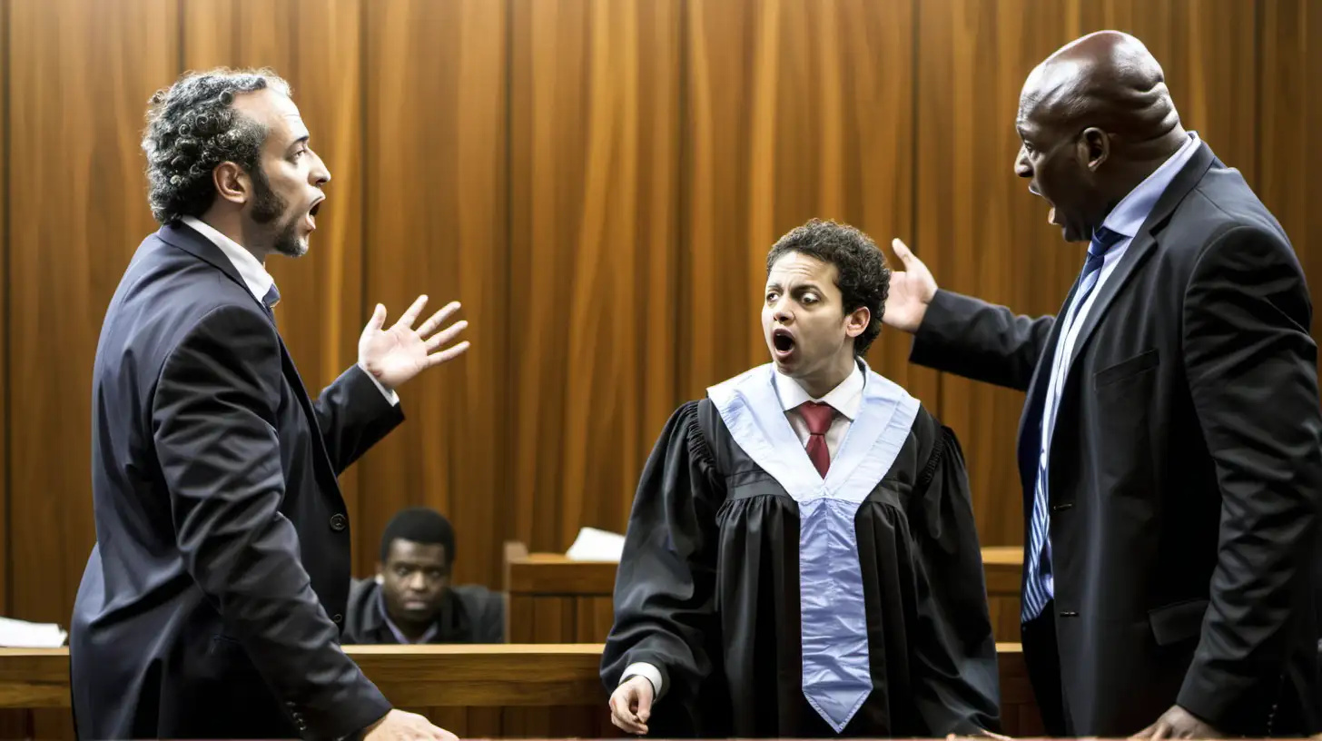 An Israeli lawyer and a South African lawyer arguing in court