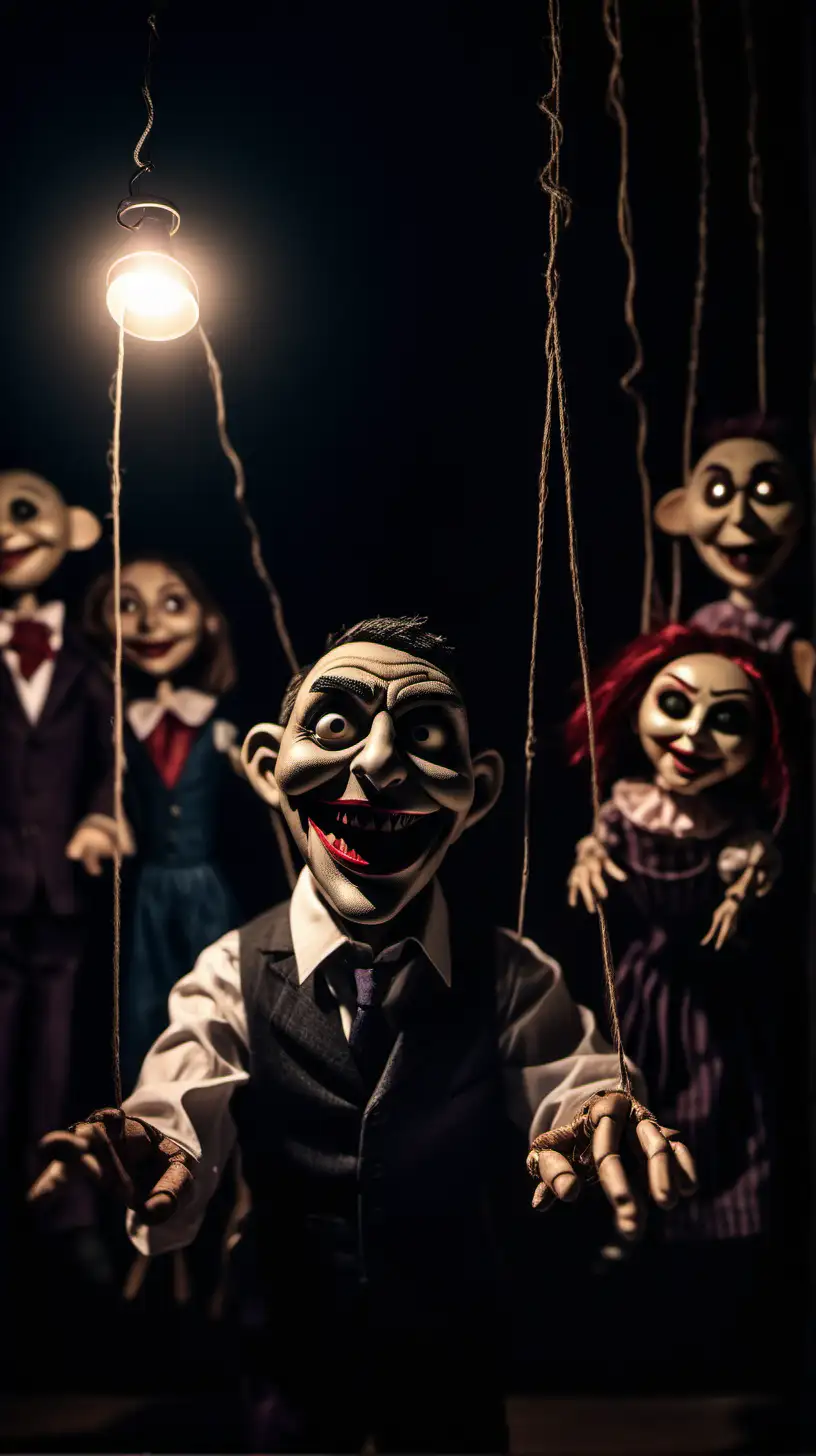 Dark Cinematic Photography depicting an evil character turning everyday individuals into puppets, sinister grin, puppeteer pulling strings, real-life puppet show in shadows with eerie lighting, Realistic Photography, 50mm lens, Medium Shot, Studio Lighting, High Resolution